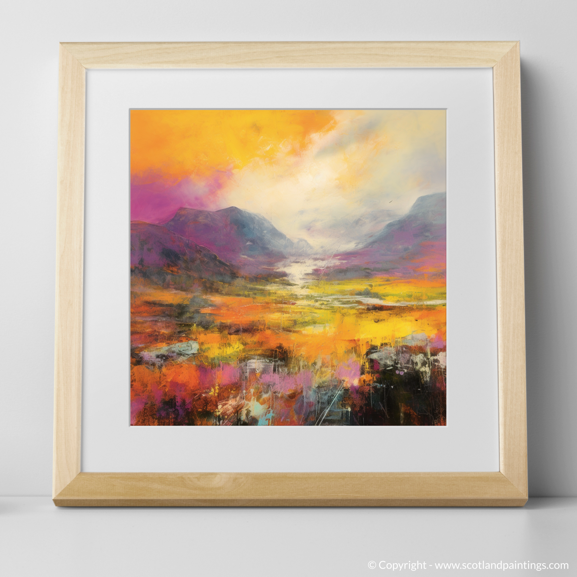 Art Print of Golden light on heather in Glencoe with a natural frame