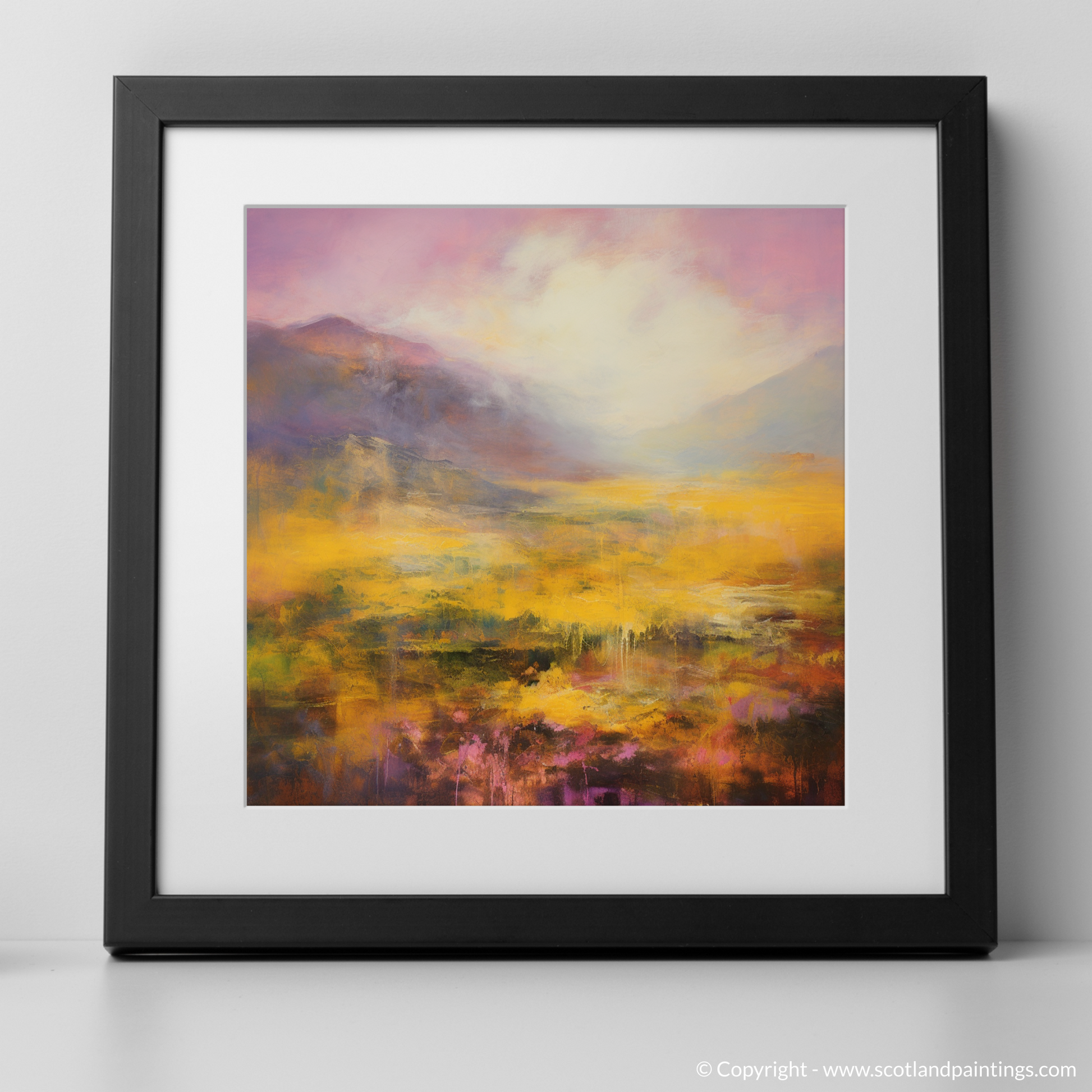 Art Print of Golden light on heather in Glencoe with a black frame