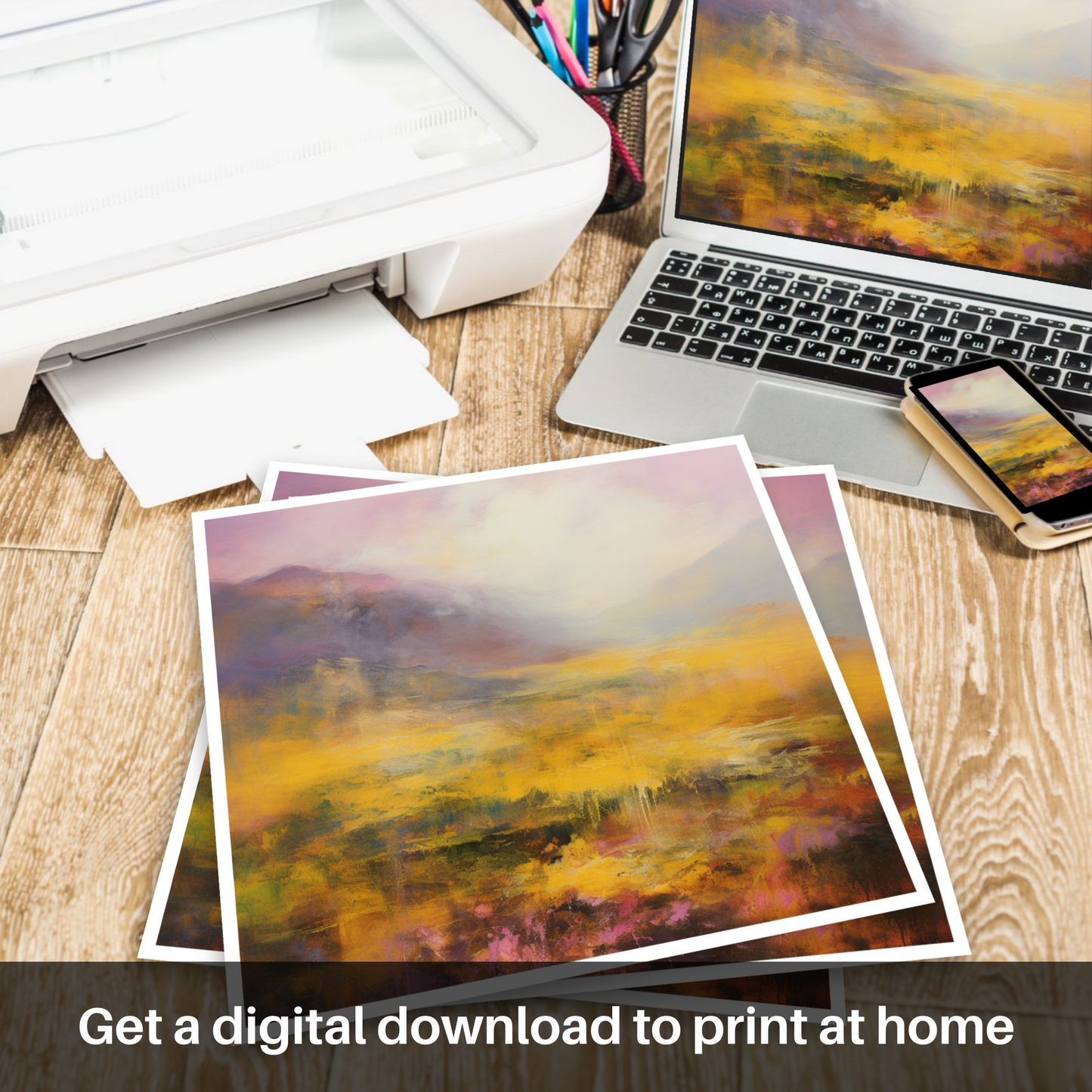 Downloadable and printable picture of Golden light on heather in Glencoe