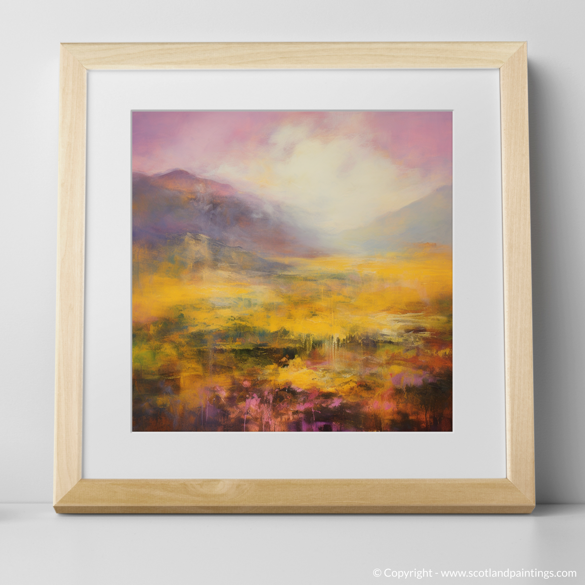 Art Print of Golden light on heather in Glencoe with a natural frame