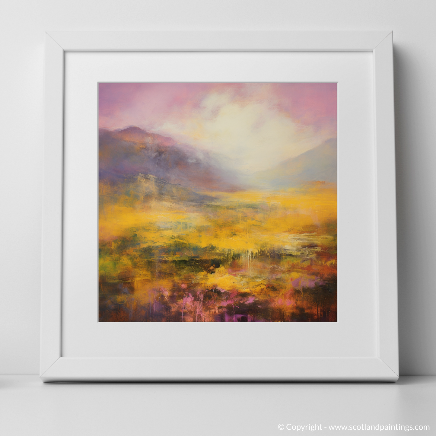 Art Print of Golden light on heather in Glencoe with a white frame