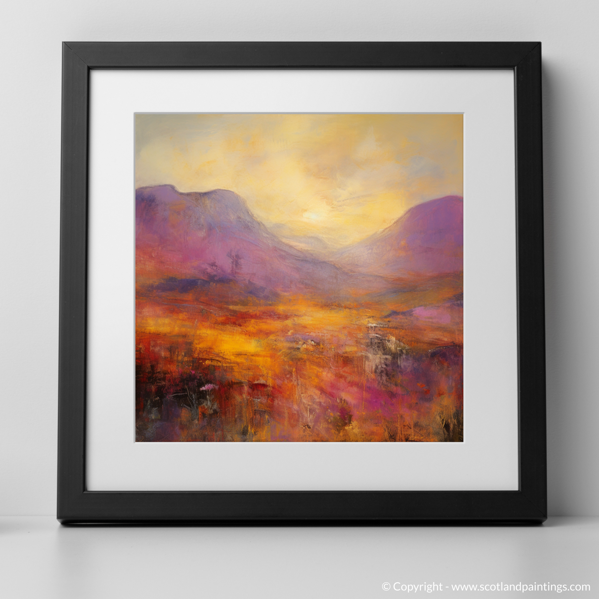 Art Print of Golden light on heather in Glencoe with a black frame