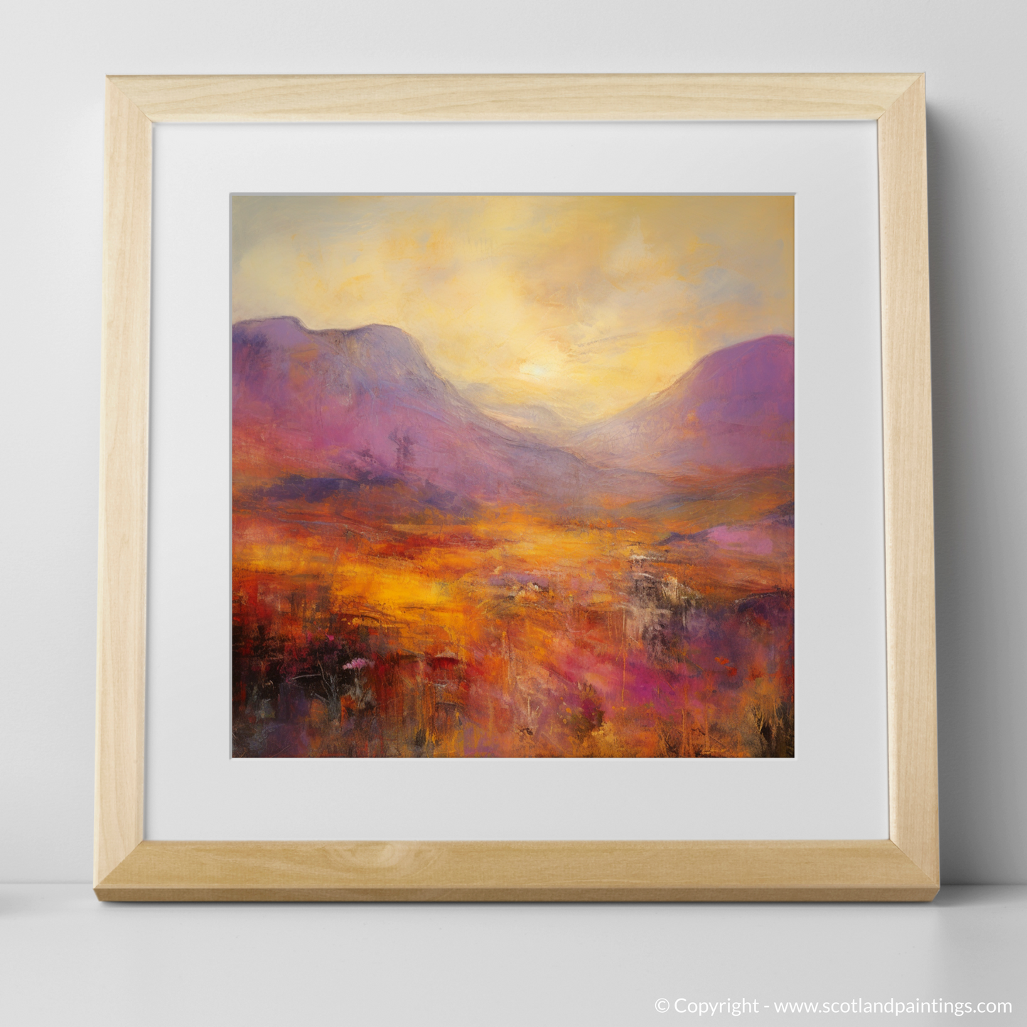 Art Print of Golden light on heather in Glencoe with a natural frame