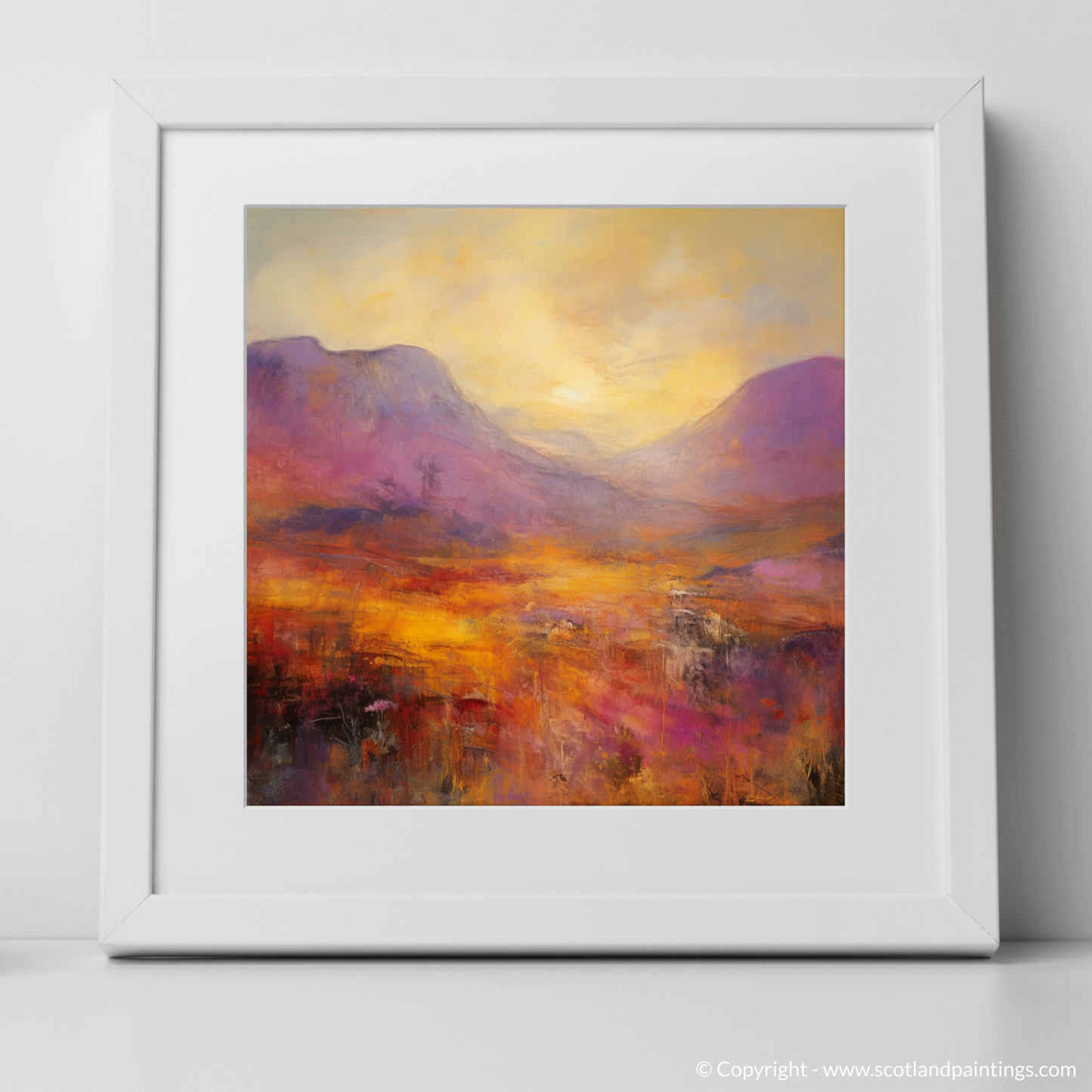 Art Print of Golden light on heather in Glencoe with a white frame