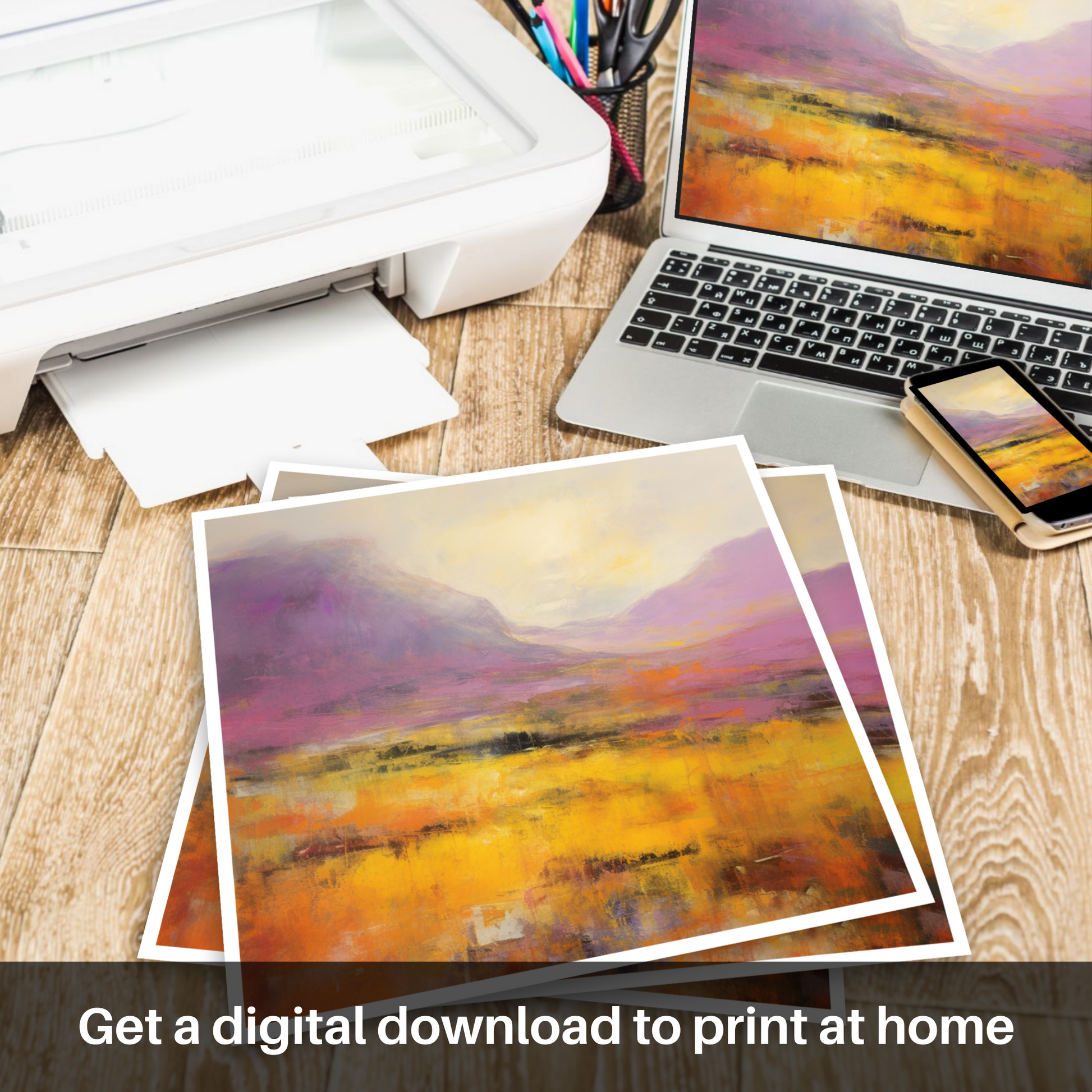 Downloadable and printable picture of Golden light on heather in Glencoe