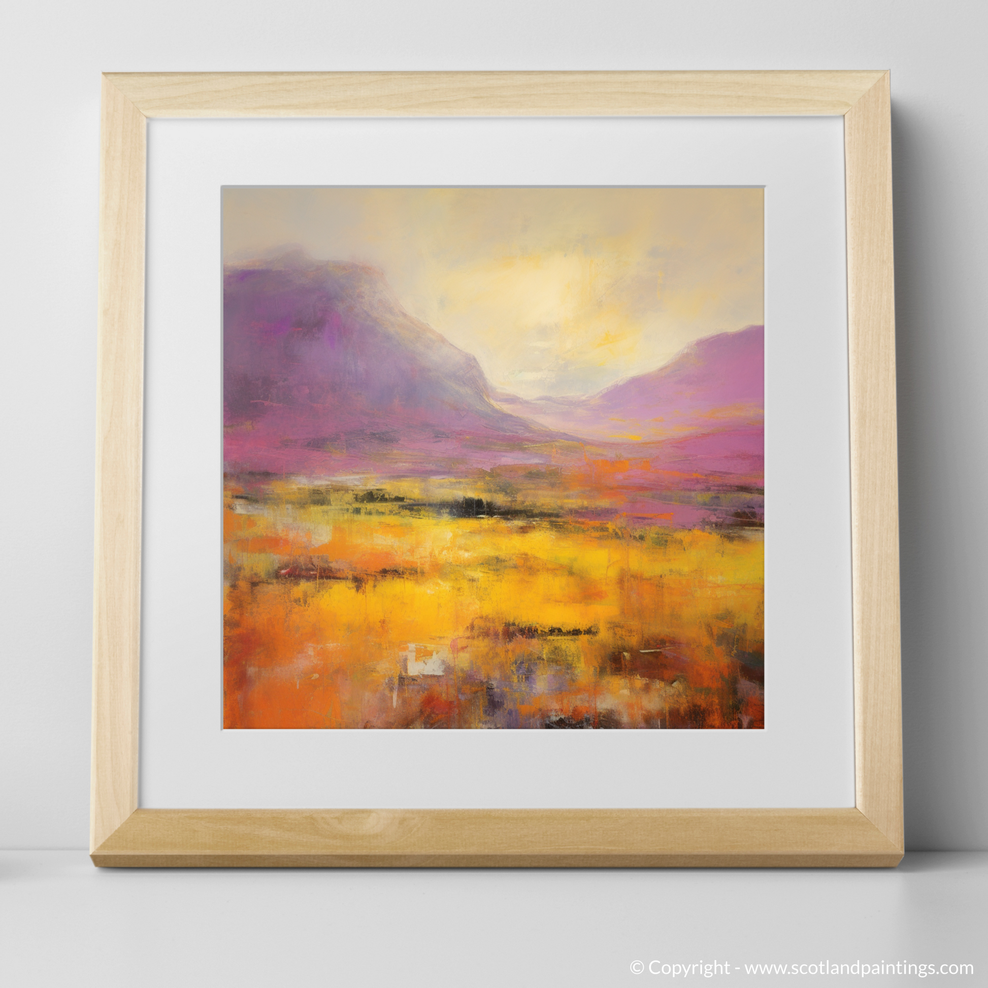 Art Print of Golden light on heather in Glencoe with a natural frame