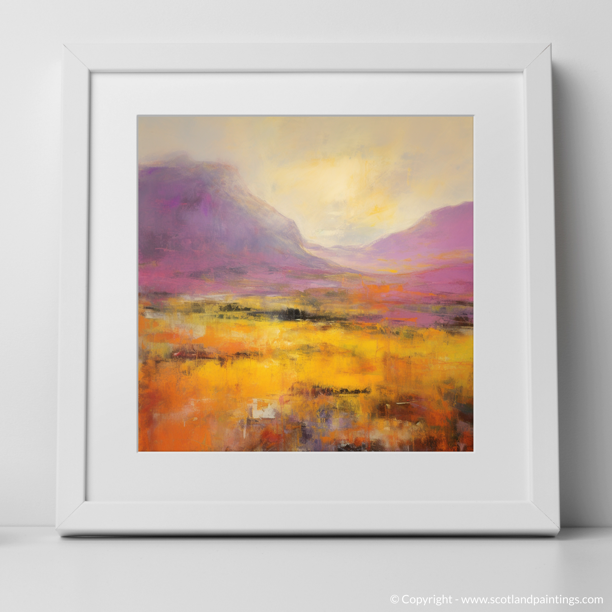 Art Print of Golden light on heather in Glencoe with a white frame