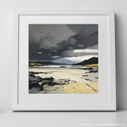 Art Print of Scarista Beach with a stormy sky with a white frame