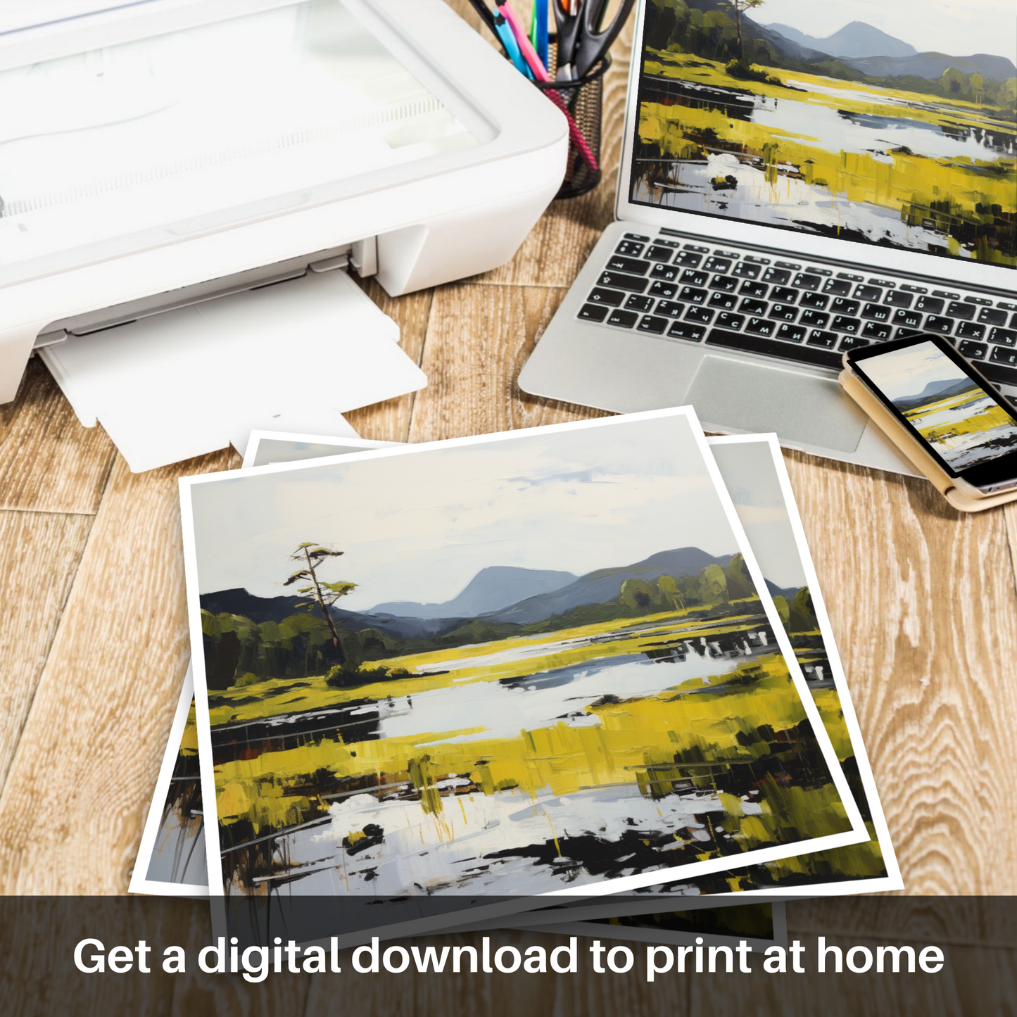 Downloadable and printable picture of Loch Ard, Stirling in summer