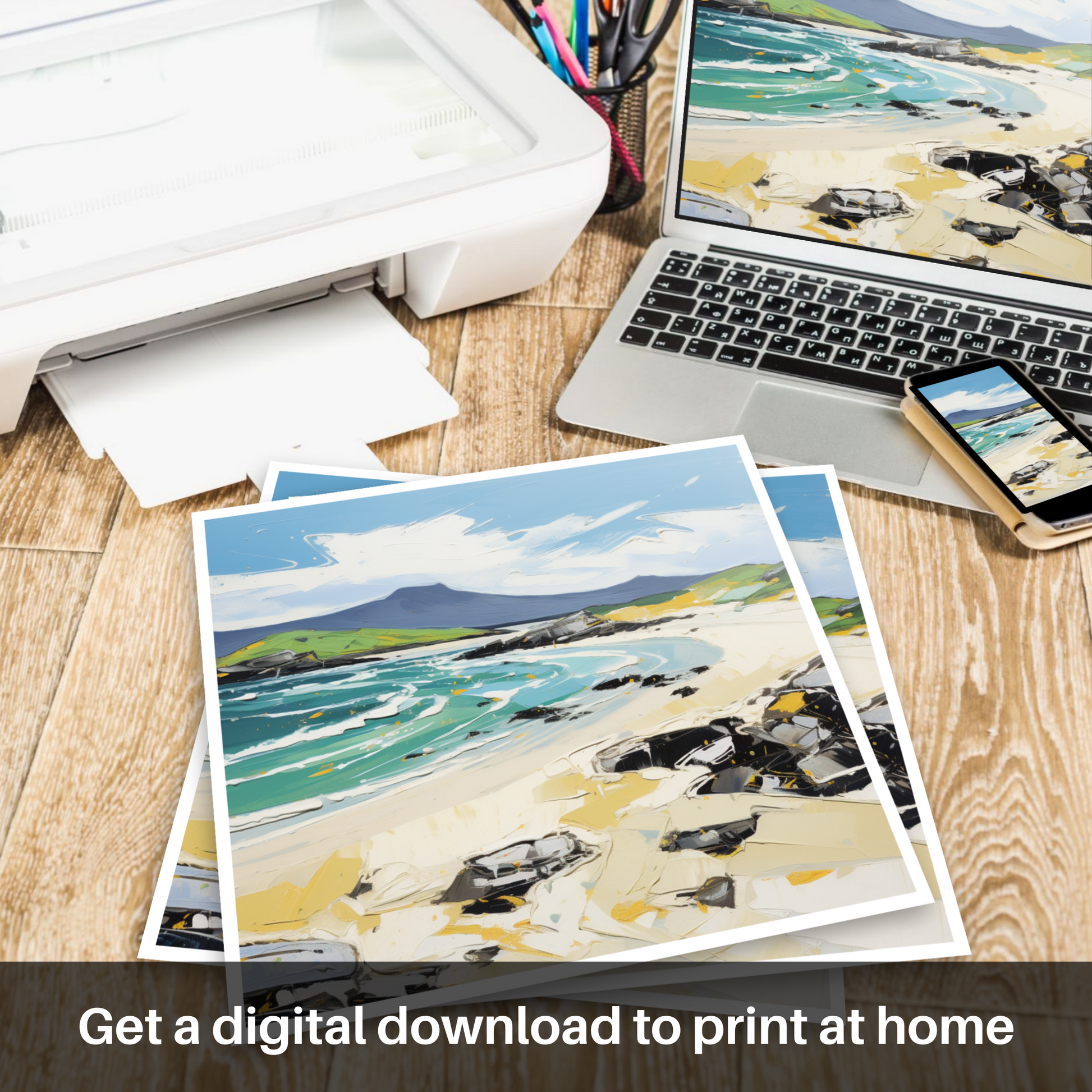 Downloadable and printable picture of Scarista Beach, Isle of Harris in summer