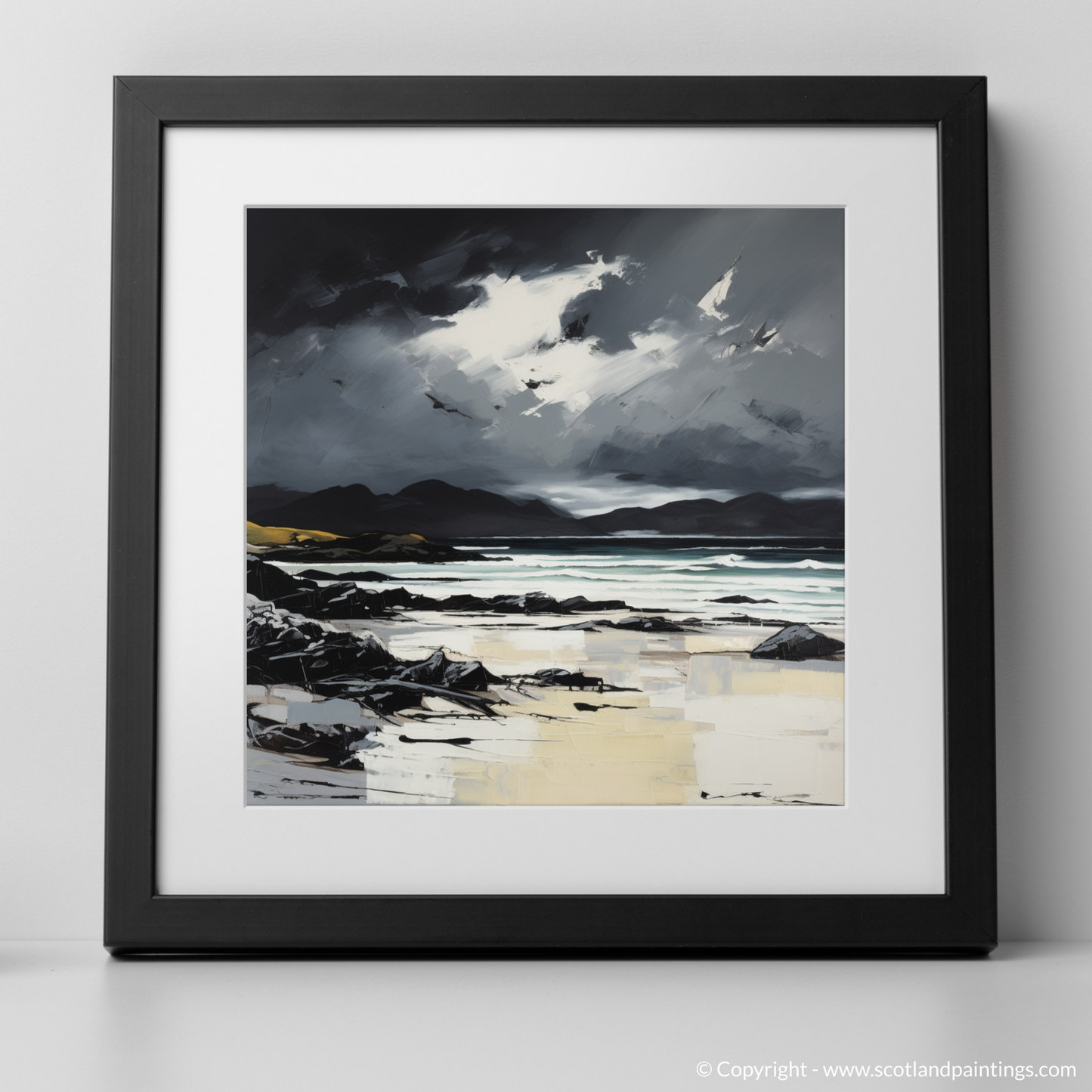 Art Print of Camusdarach Beach with a stormy sky with a black frame