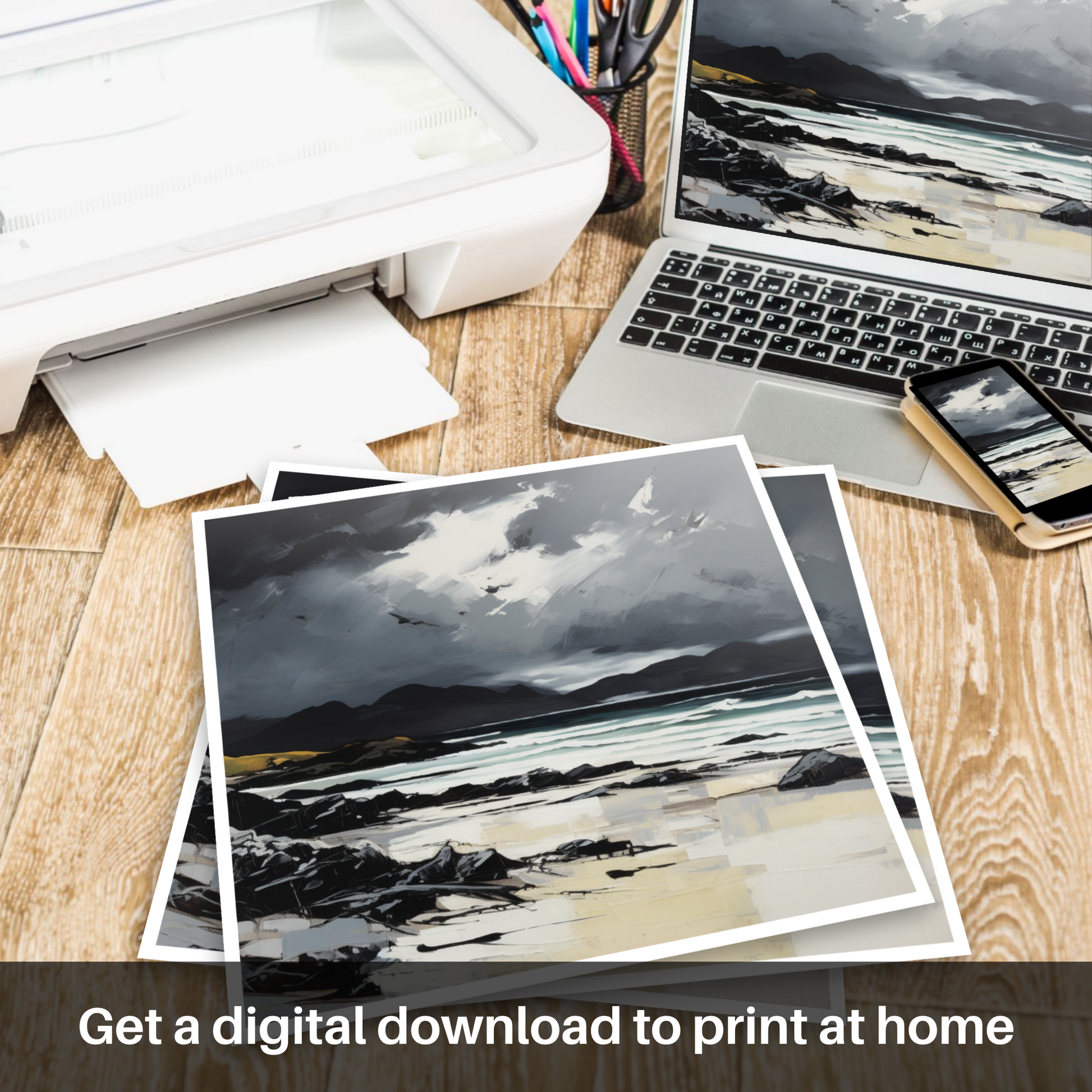 Downloadable and printable picture of Camusdarach Beach with a stormy sky