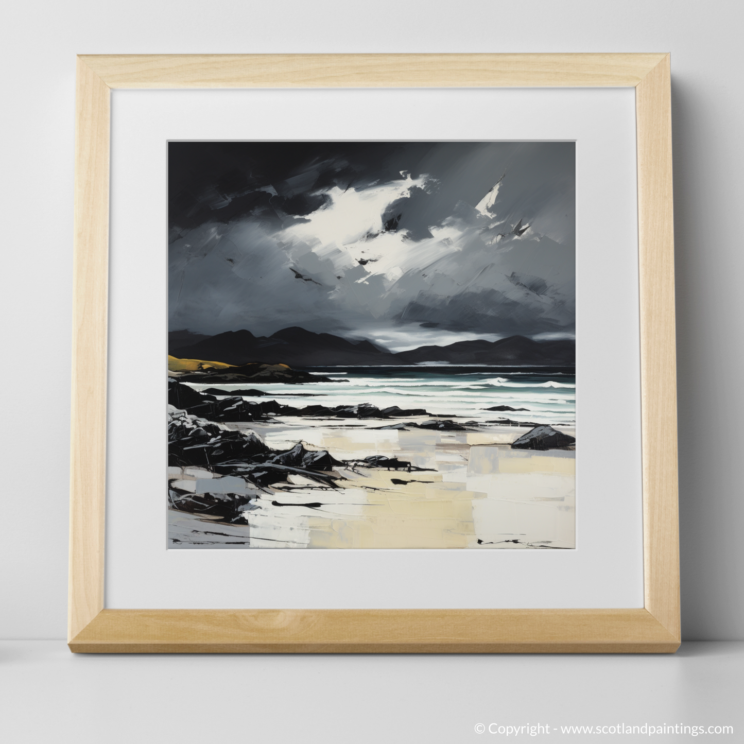 Art Print of Camusdarach Beach with a stormy sky with a natural frame