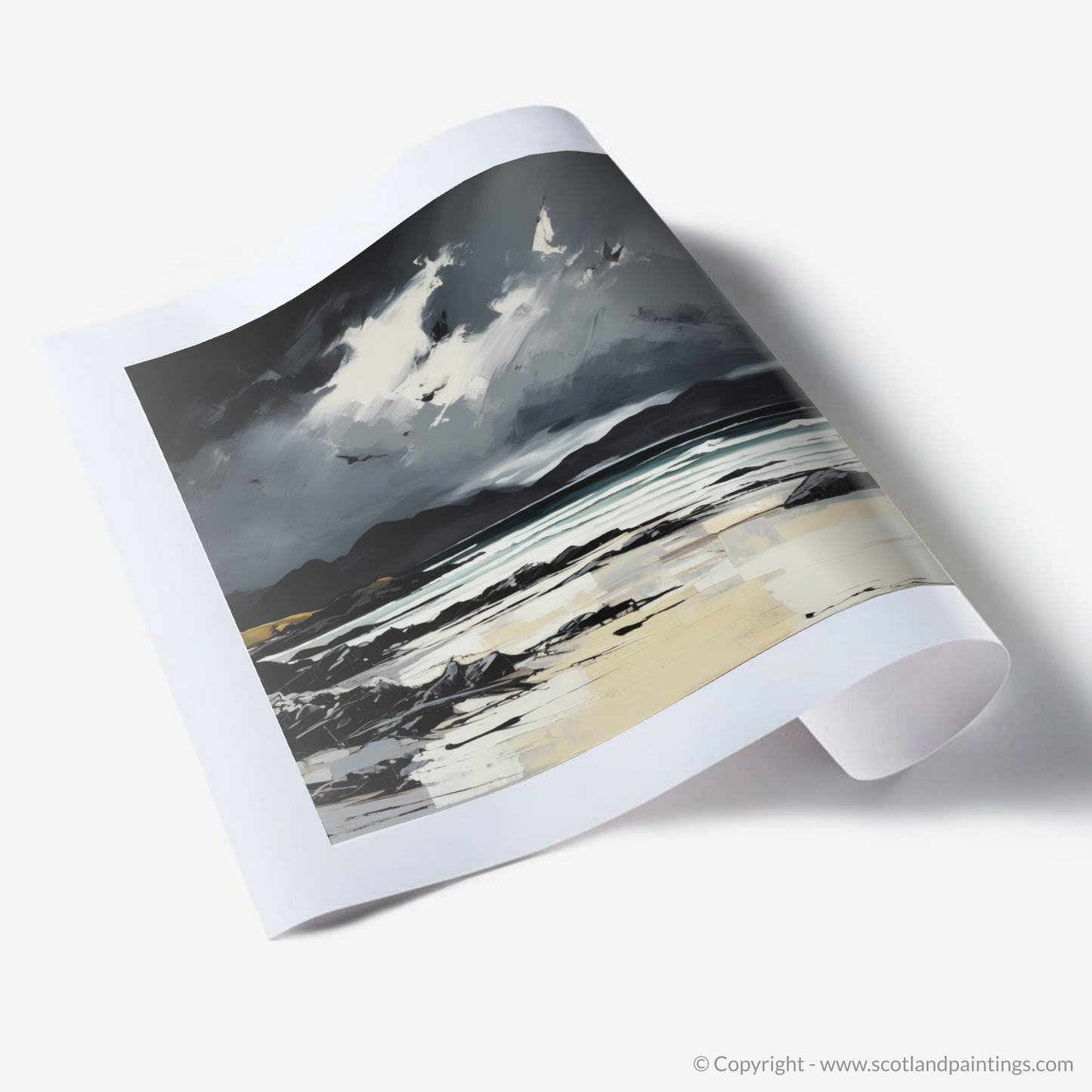 Art Print of Camusdarach Beach with a stormy sky