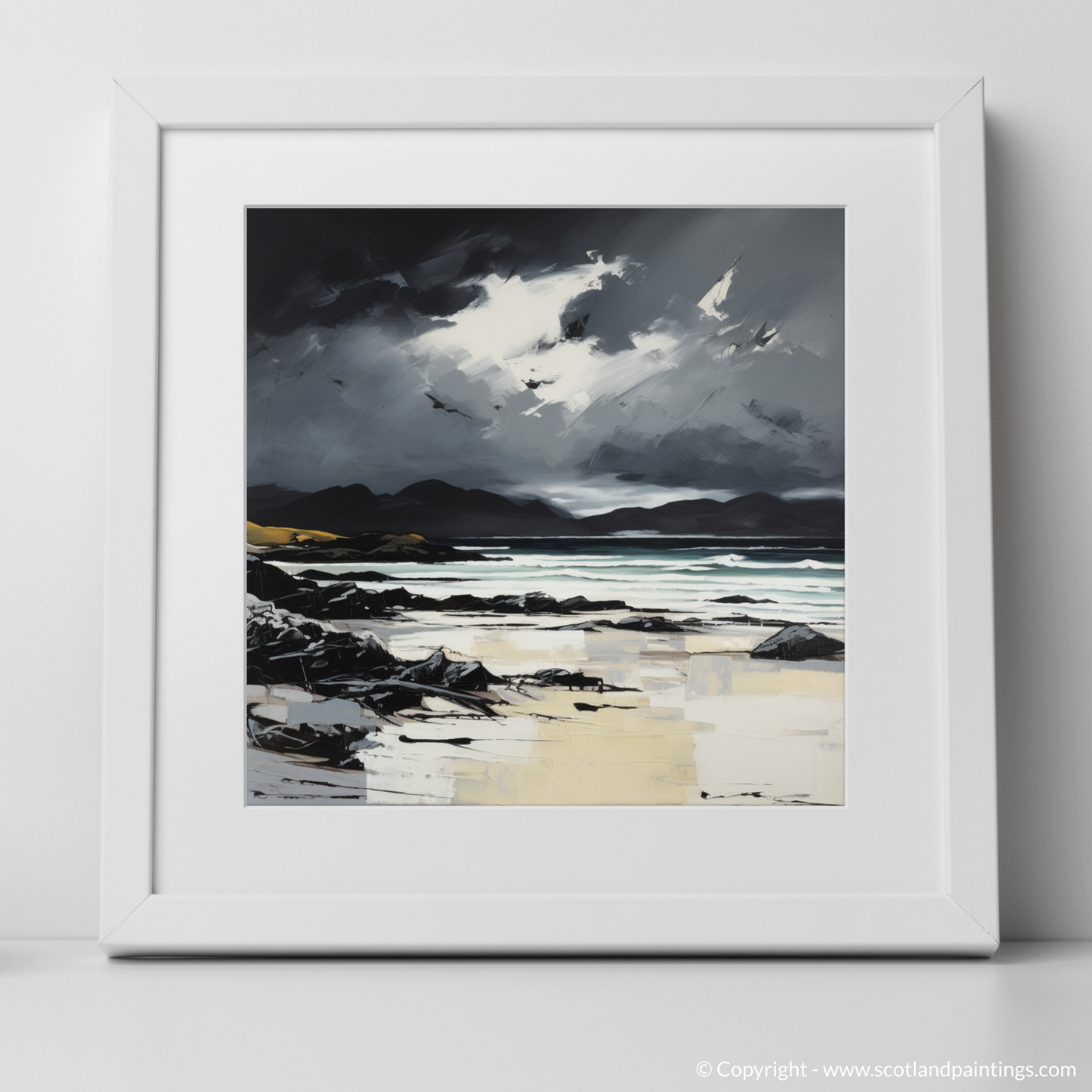 Art Print of Camusdarach Beach with a stormy sky with a white frame