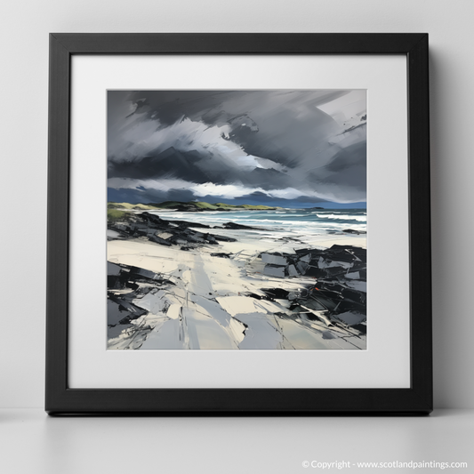 Art Print of Camusdarach Beach with a stormy sky with a black frame