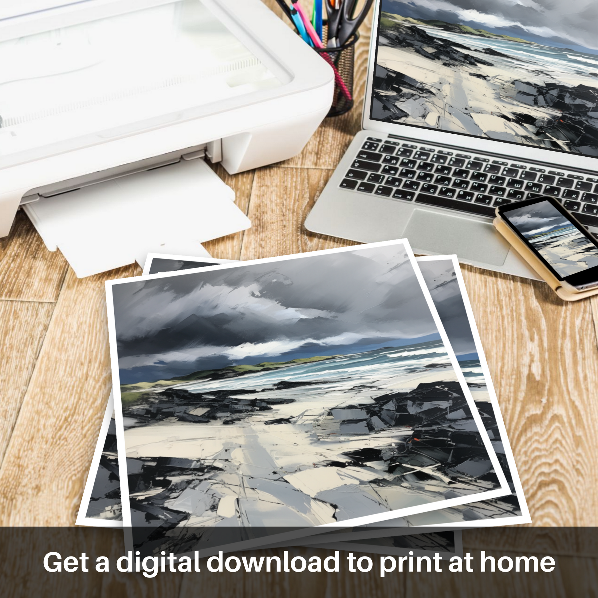 Downloadable and printable picture of Camusdarach Beach with a stormy sky