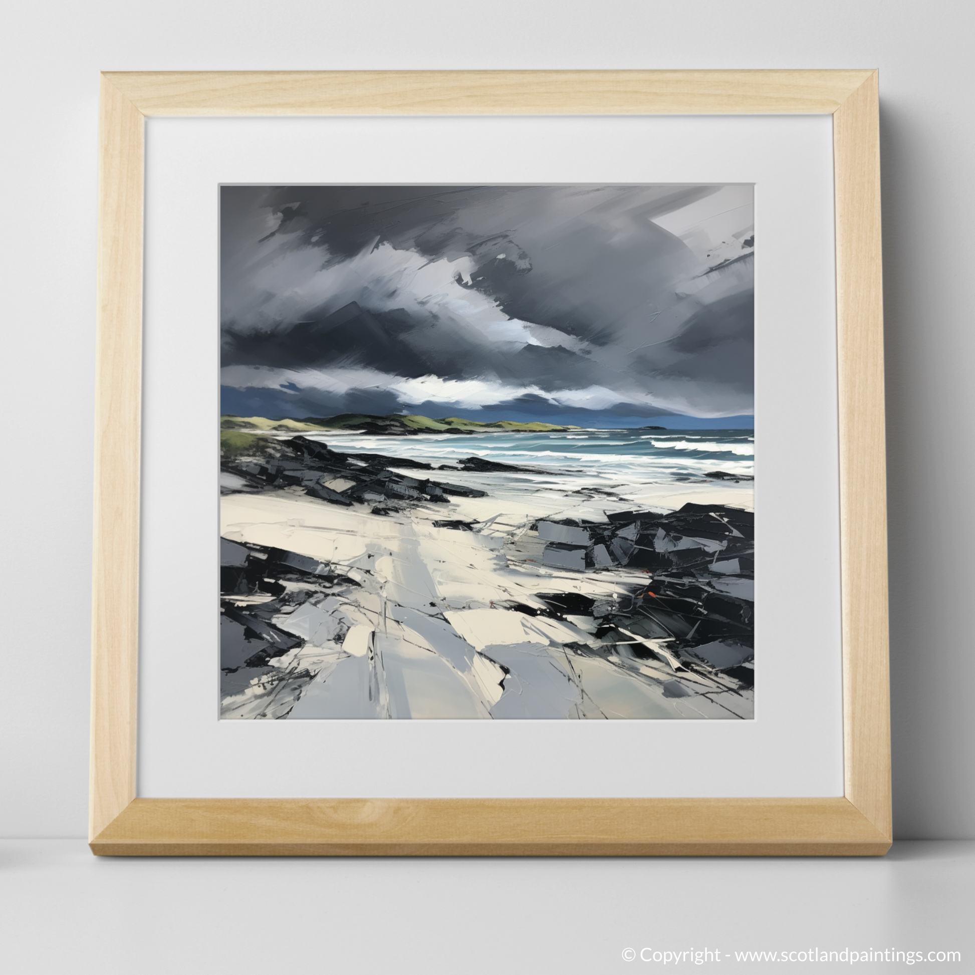 Art Print of Camusdarach Beach with a stormy sky with a natural frame