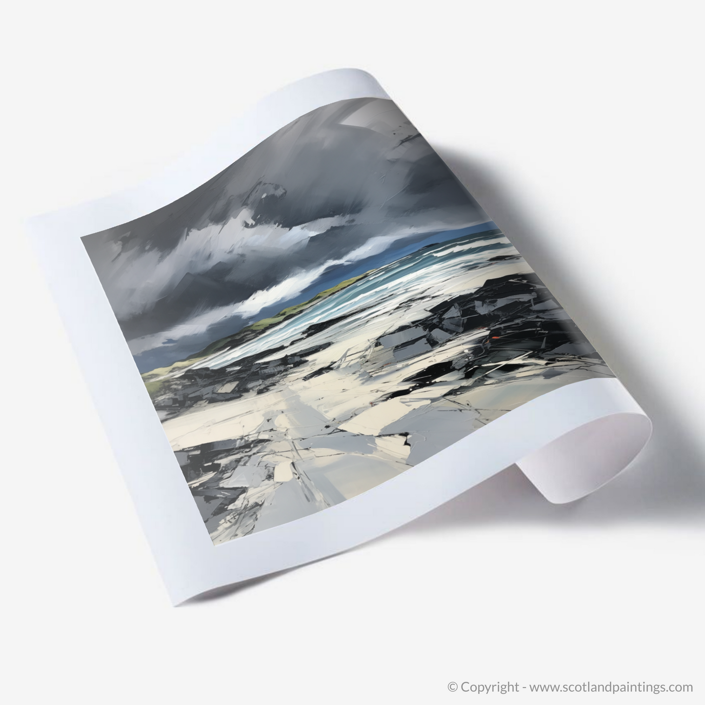 Art Print of Camusdarach Beach with a stormy sky