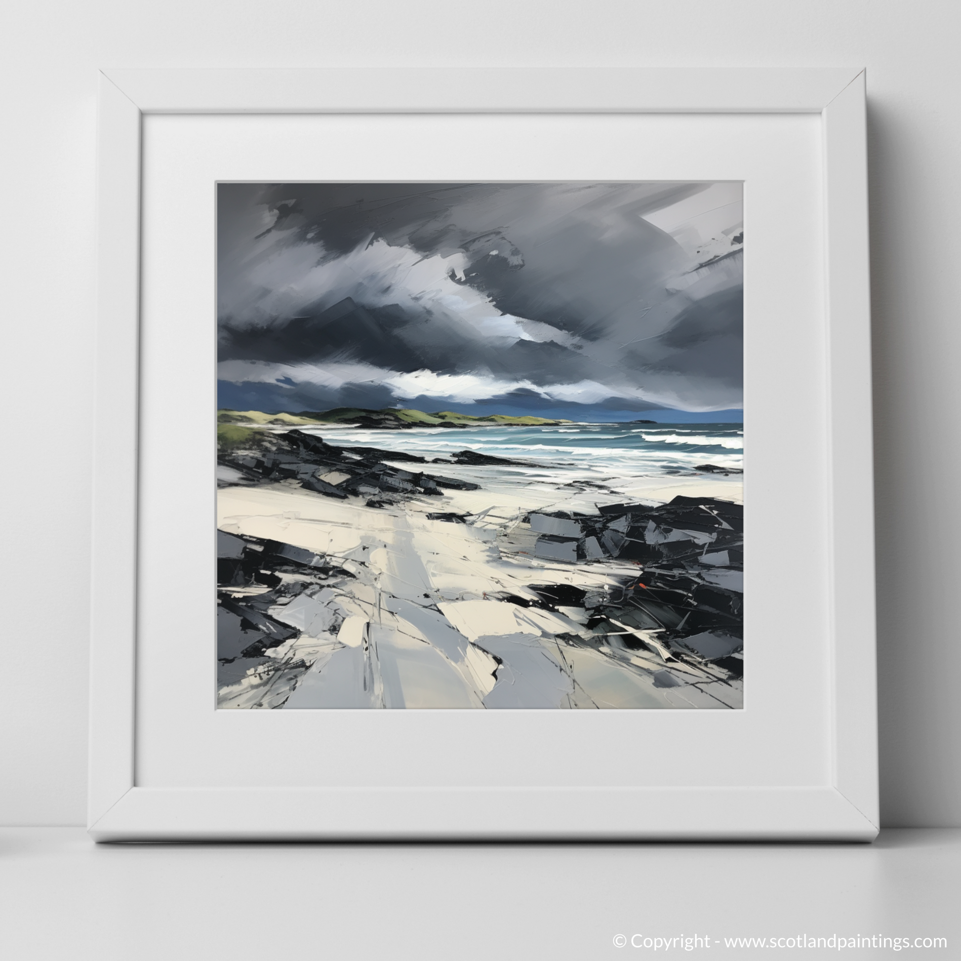 Art Print of Camusdarach Beach with a stormy sky with a white frame