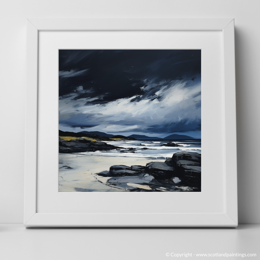 Art Print of Camusdarach Beach with a stormy sky with a white frame