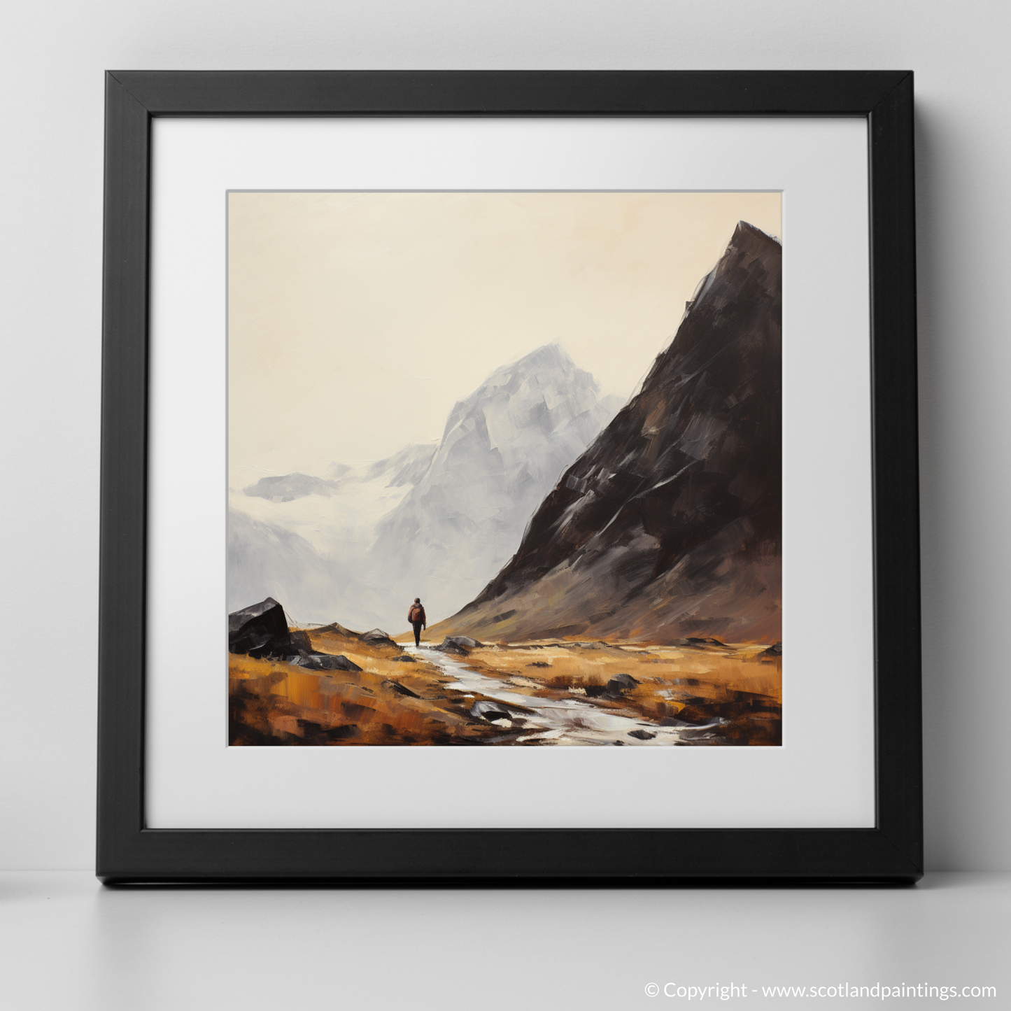 Art Print of A lone hiker in Glencoe with a black frame