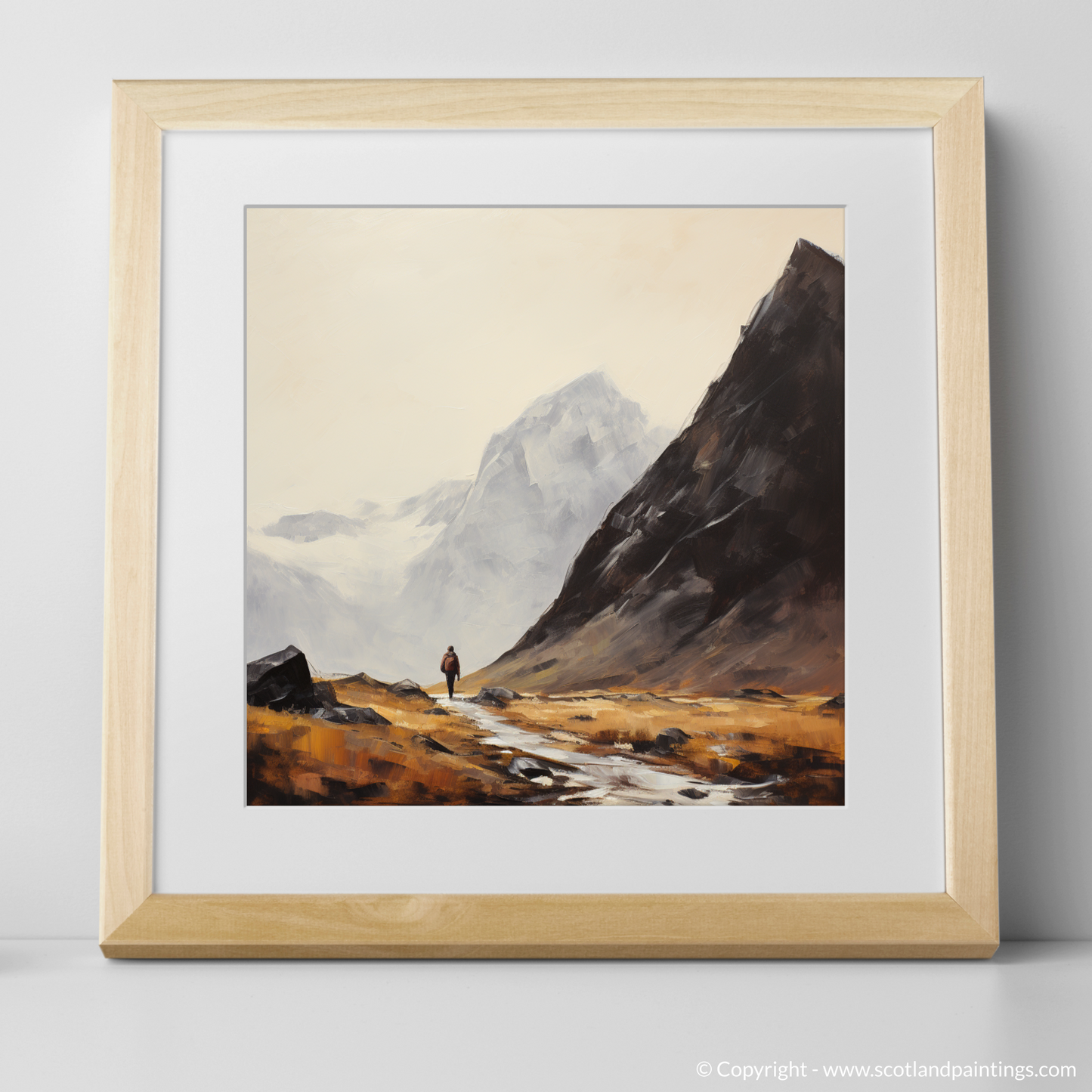 Art Print of A lone hiker in Glencoe with a natural frame