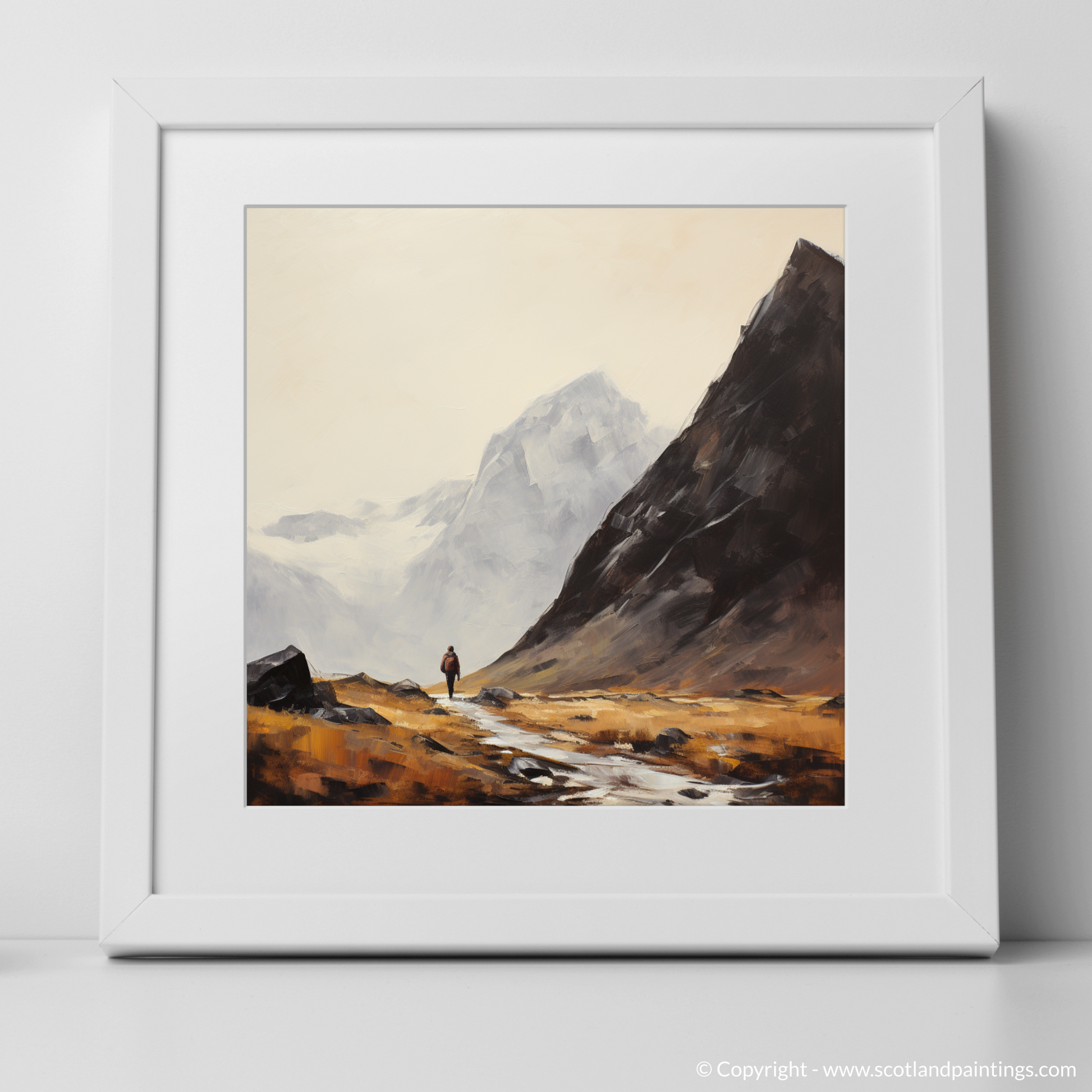 Art Print of A lone hiker in Glencoe with a white frame