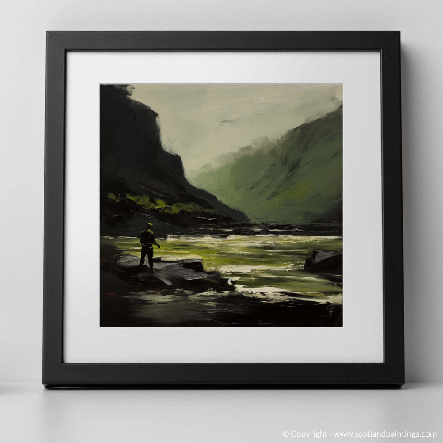 Art Print of A man fishing on a Scottish River with a black frame