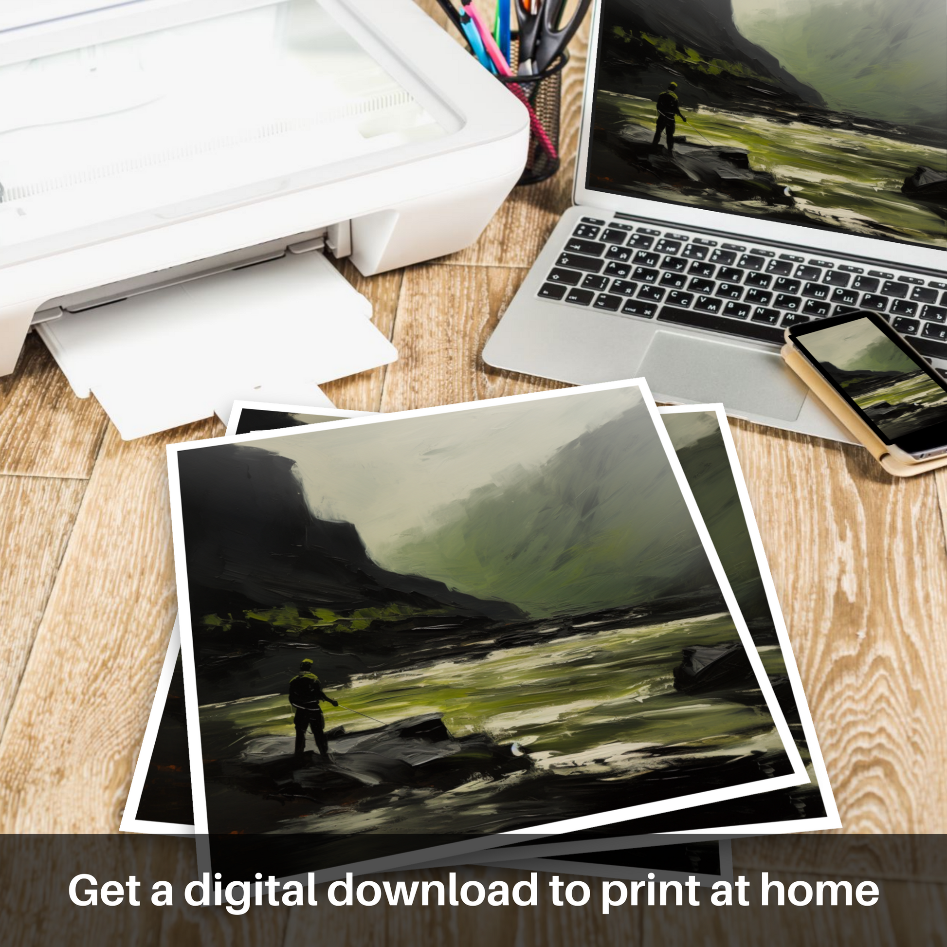 Downloadable and printable picture of A man fishing on a Scottish River