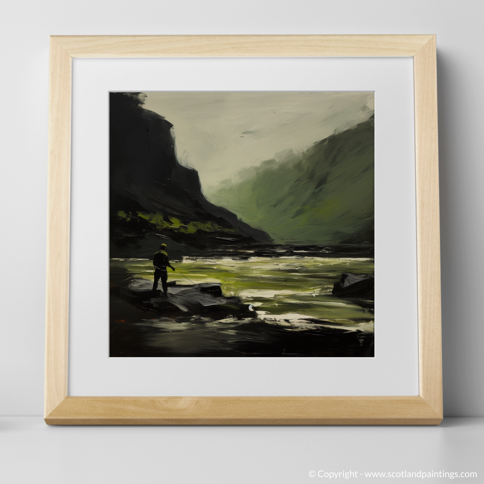 Art Print of A man fishing on a Scottish River with a natural frame