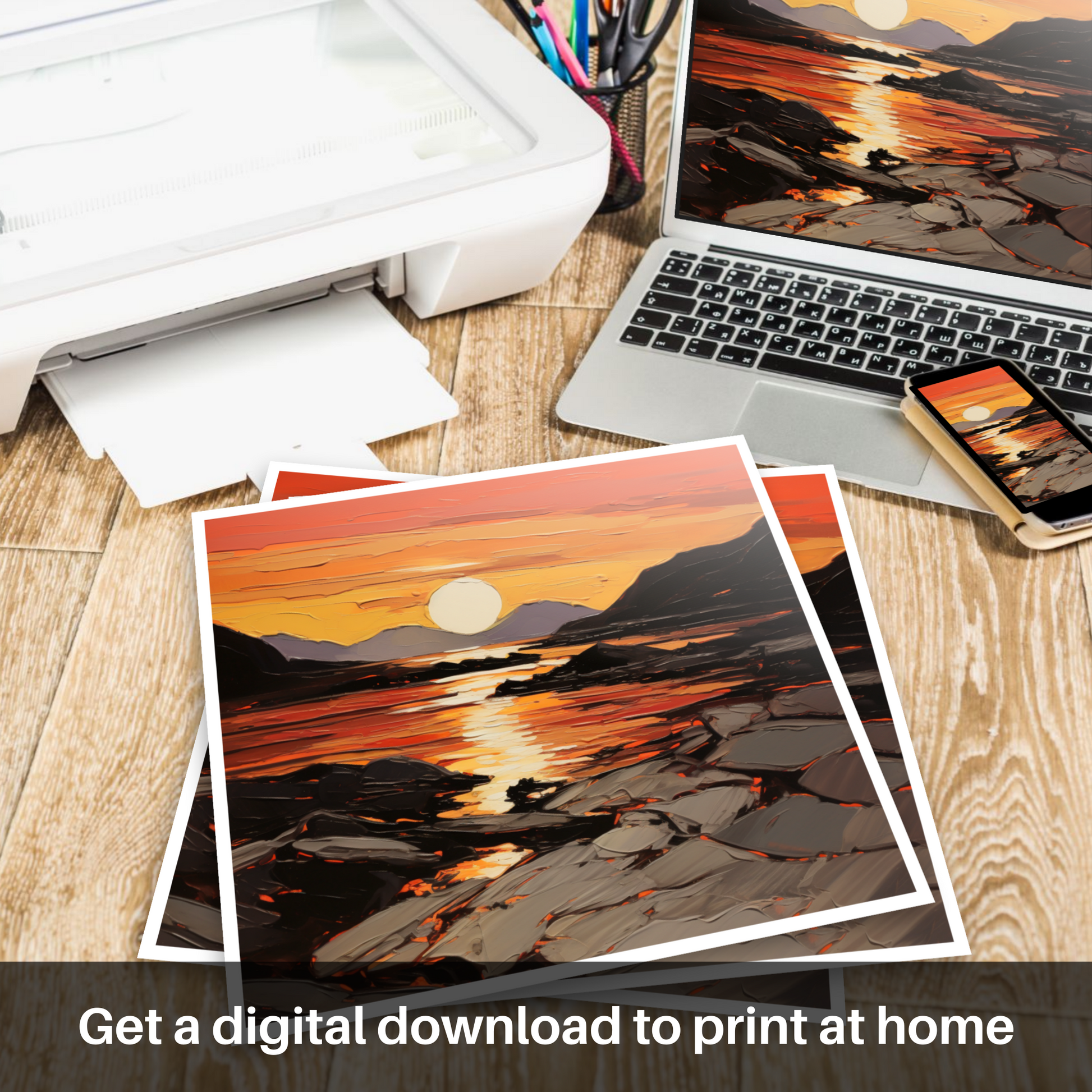 Downloadable and printable picture of Langamull Bay at sunset