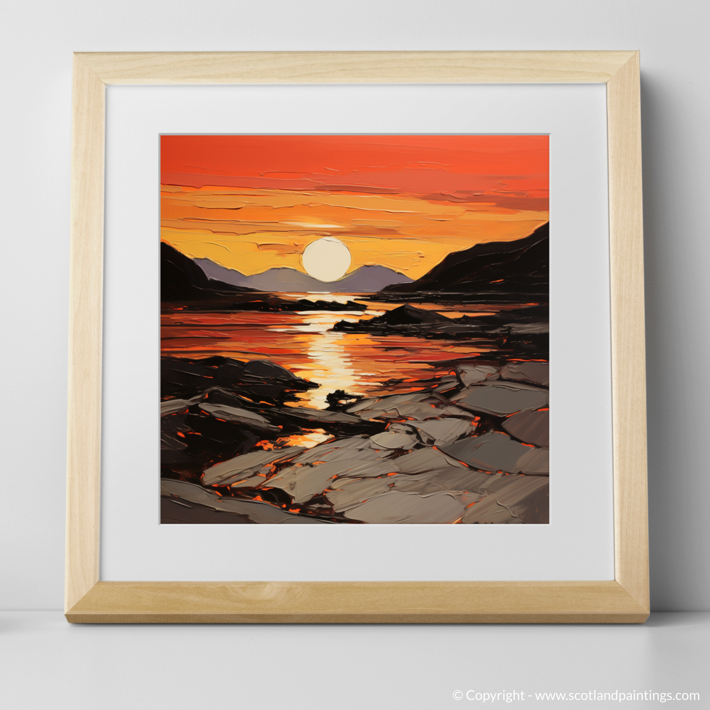 Art Print of Langamull Bay at sunset with a natural frame