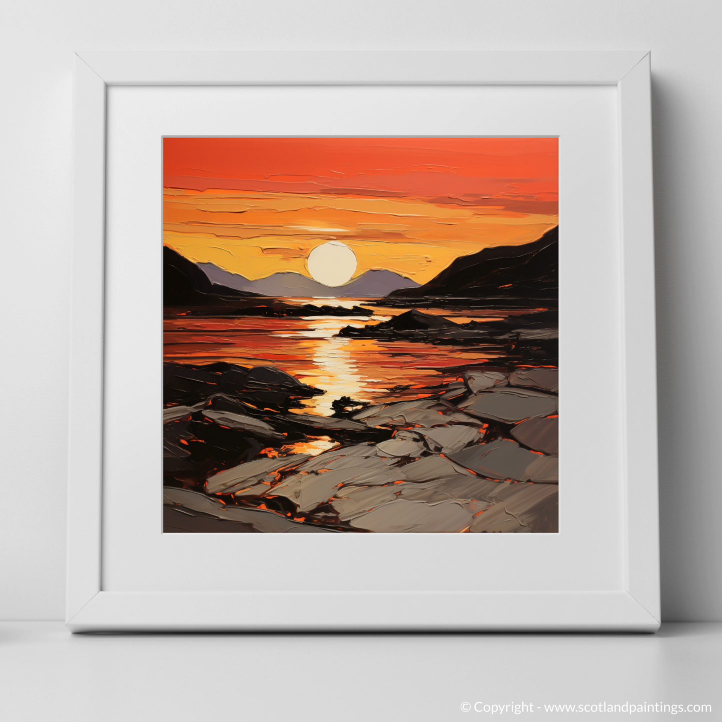 Art Print of Langamull Bay at sunset with a white frame