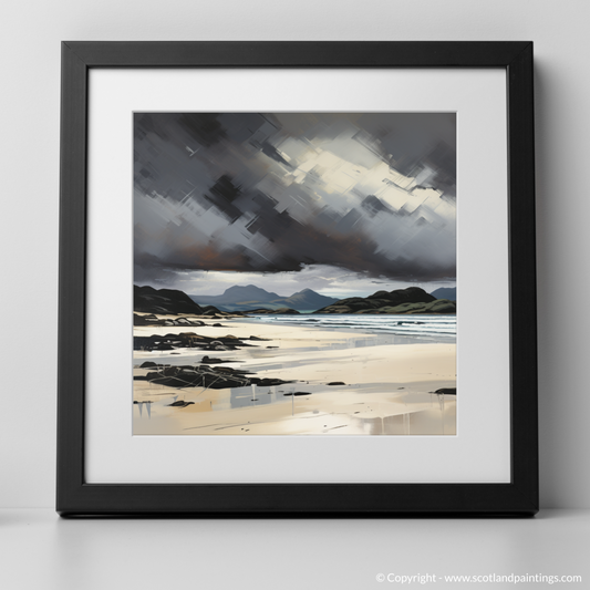 Art Print of Mellon Udrigle Beach with a stormy sky with a black frame