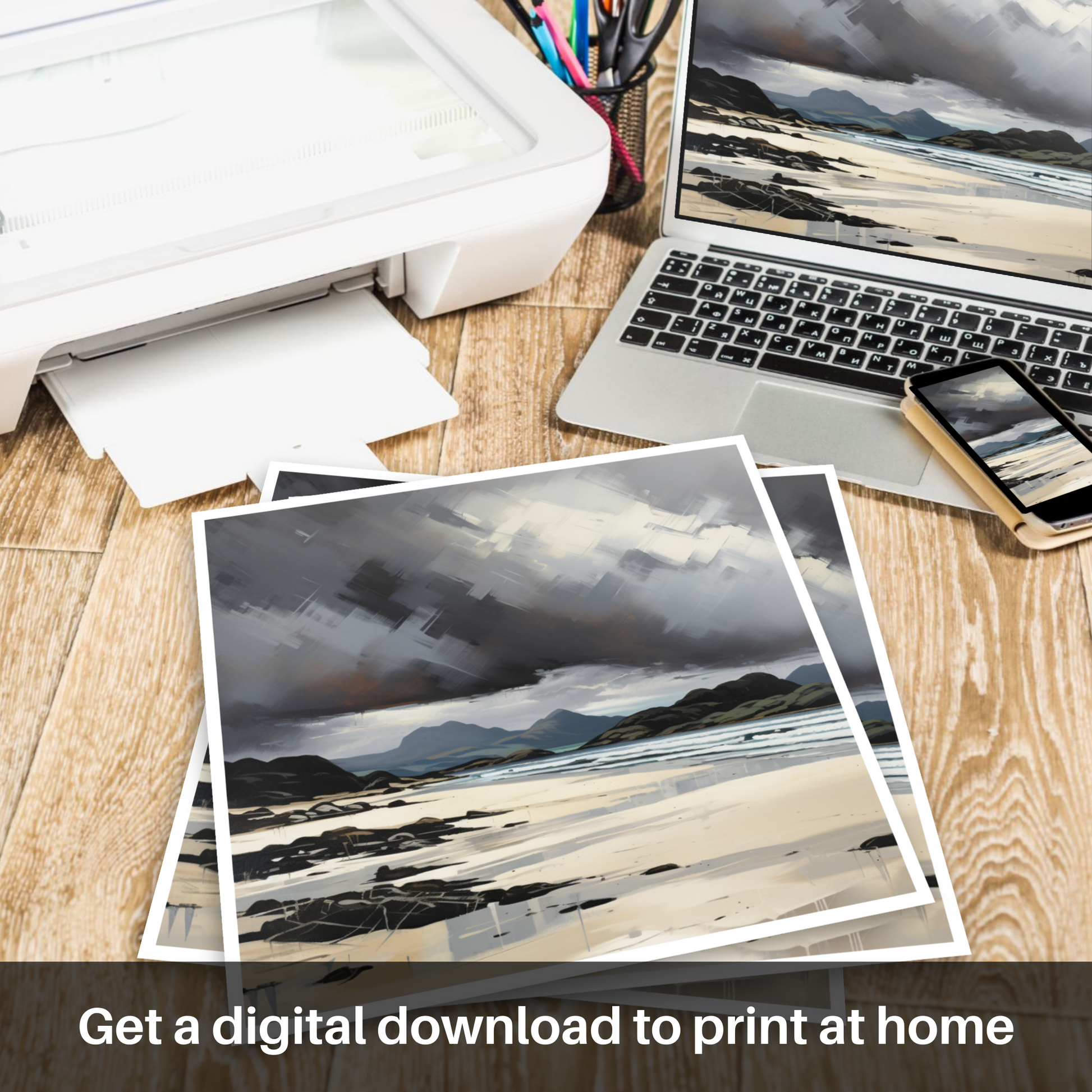 Downloadable and printable picture of Mellon Udrigle Beach with a stormy sky