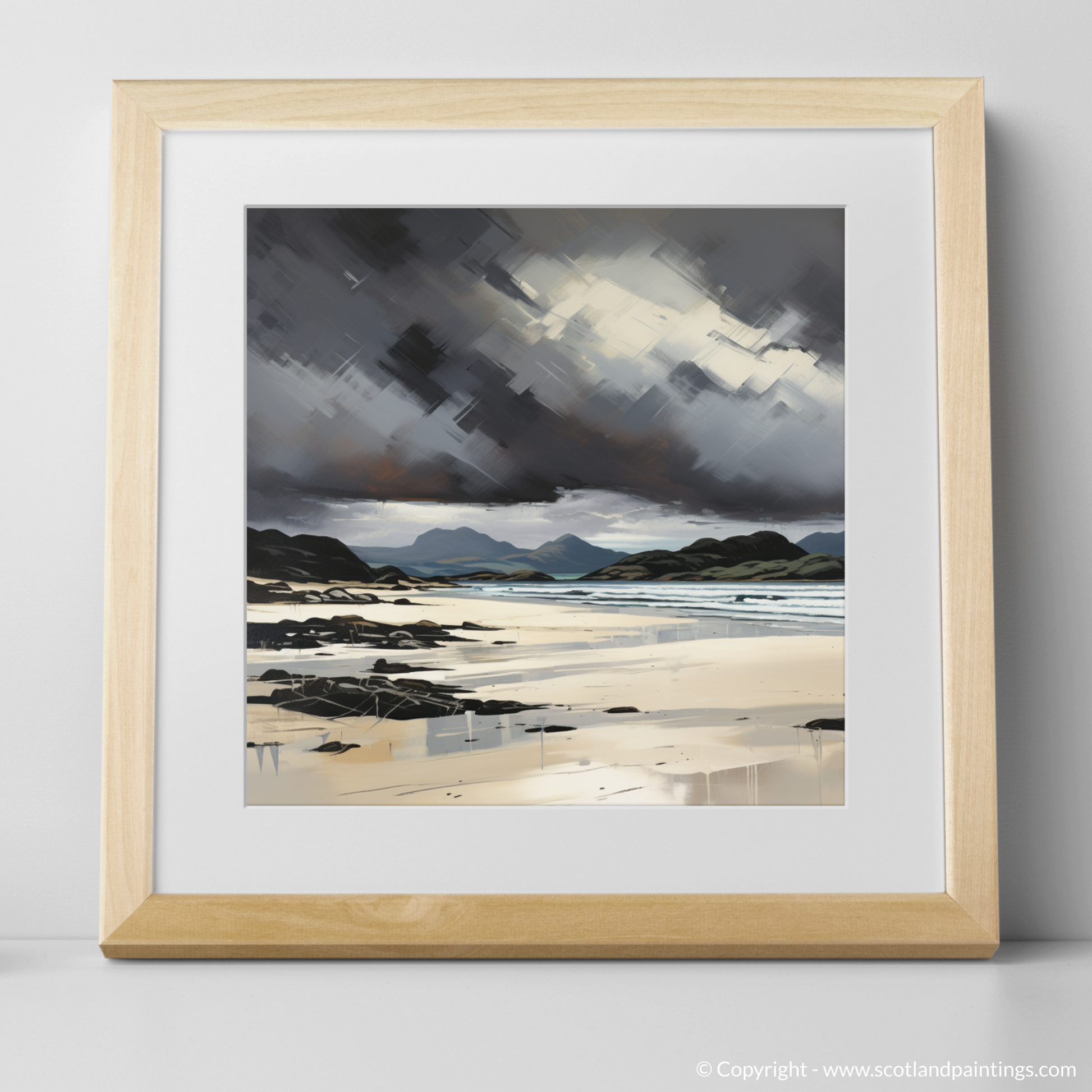 Art Print of Mellon Udrigle Beach with a stormy sky with a natural frame