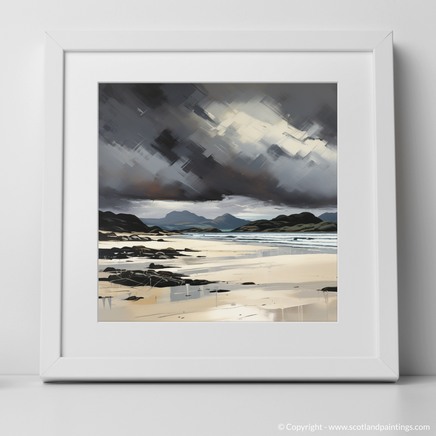 Art Print of Mellon Udrigle Beach with a stormy sky with a white frame