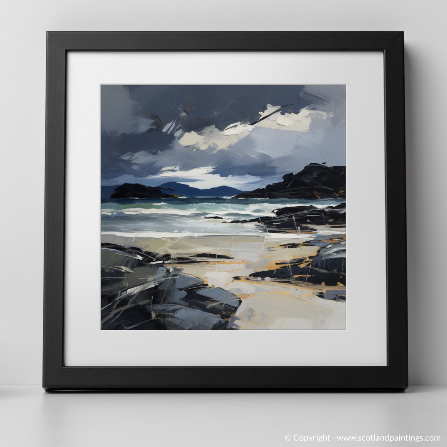 Art Print of Mellon Udrigle Beach with a stormy sky with a black frame