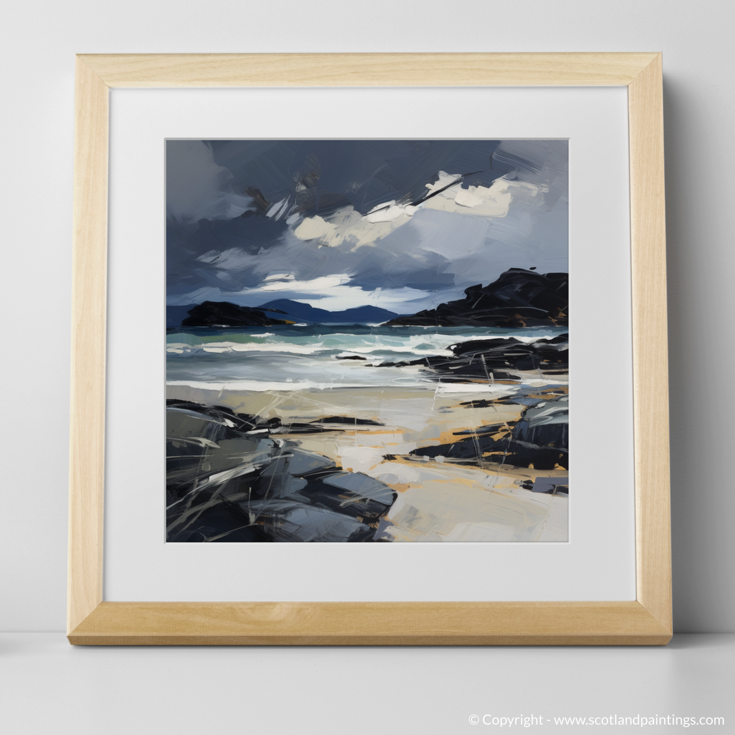 Art Print of Mellon Udrigle Beach with a stormy sky with a natural frame