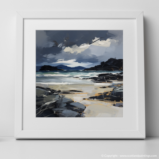 Art Print of Mellon Udrigle Beach with a stormy sky with a white frame