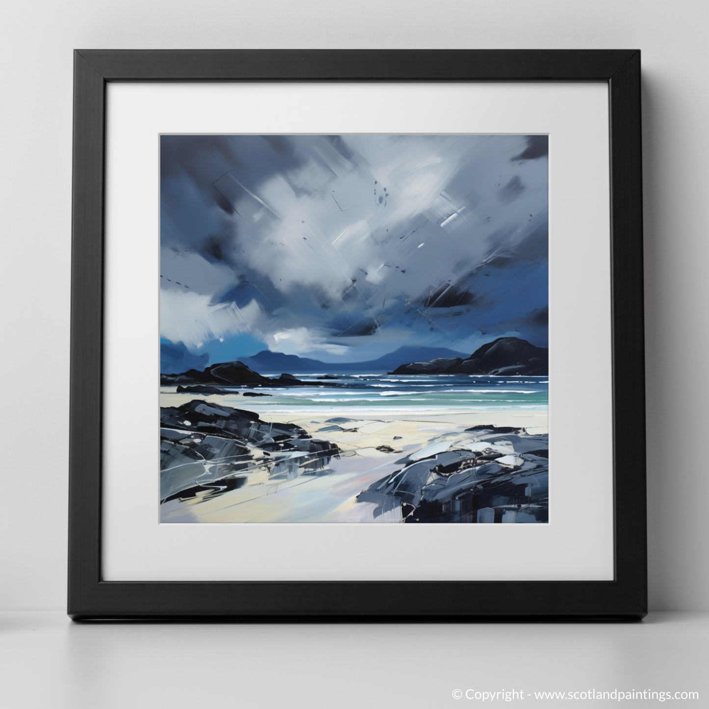 Art Print of Mellon Udrigle Beach with a stormy sky with a black frame