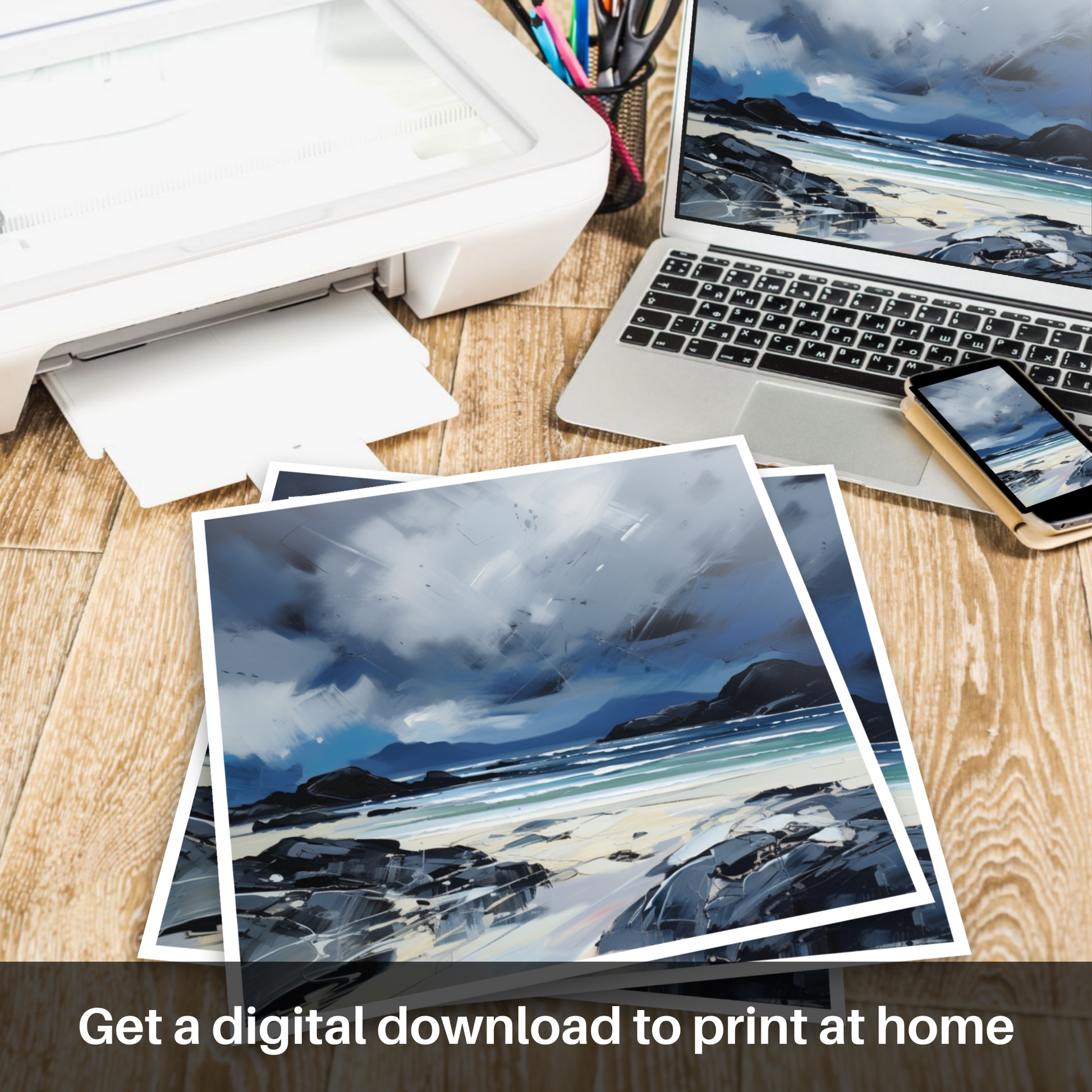 Downloadable and printable picture of Mellon Udrigle Beach with a stormy sky