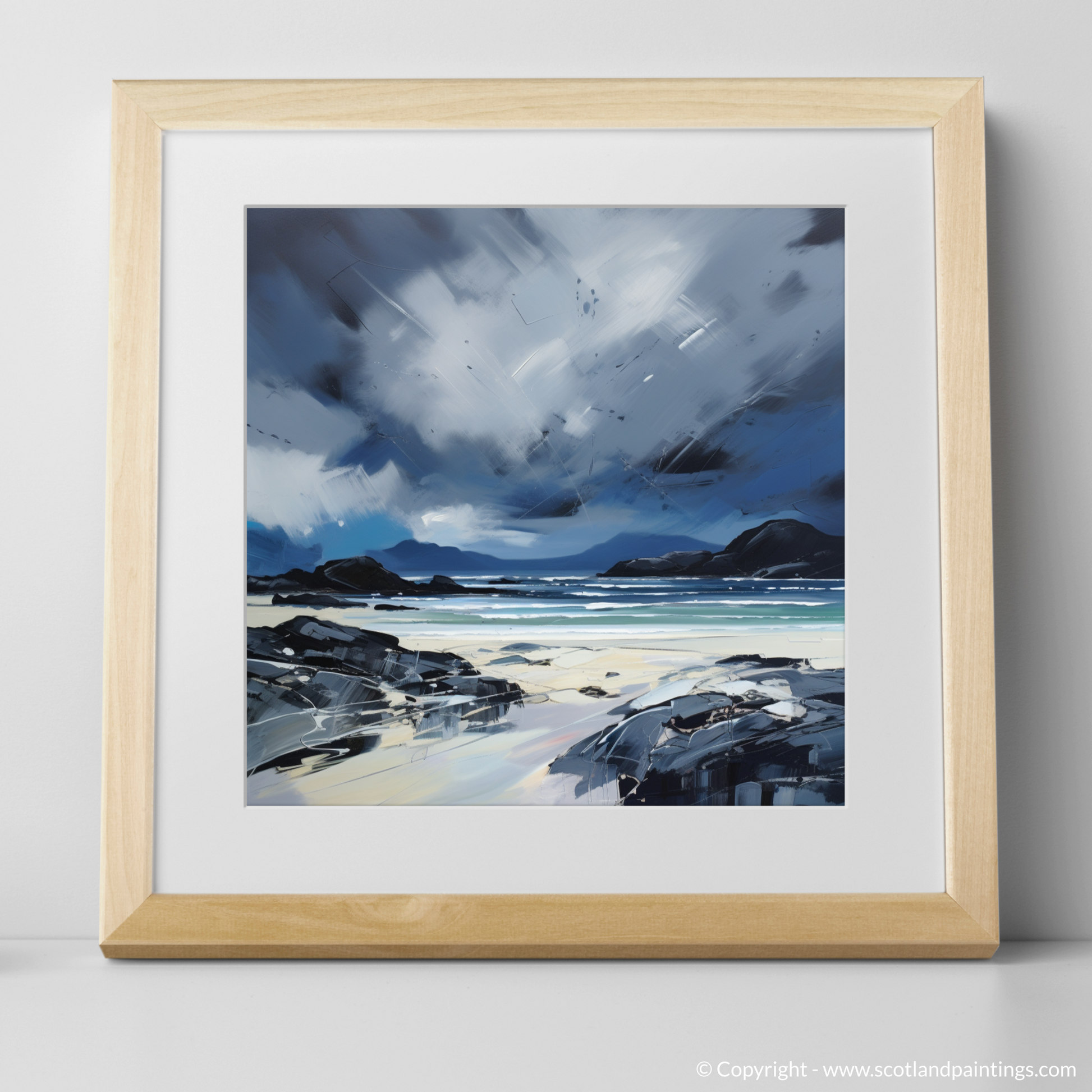 Art Print of Mellon Udrigle Beach with a stormy sky with a natural frame