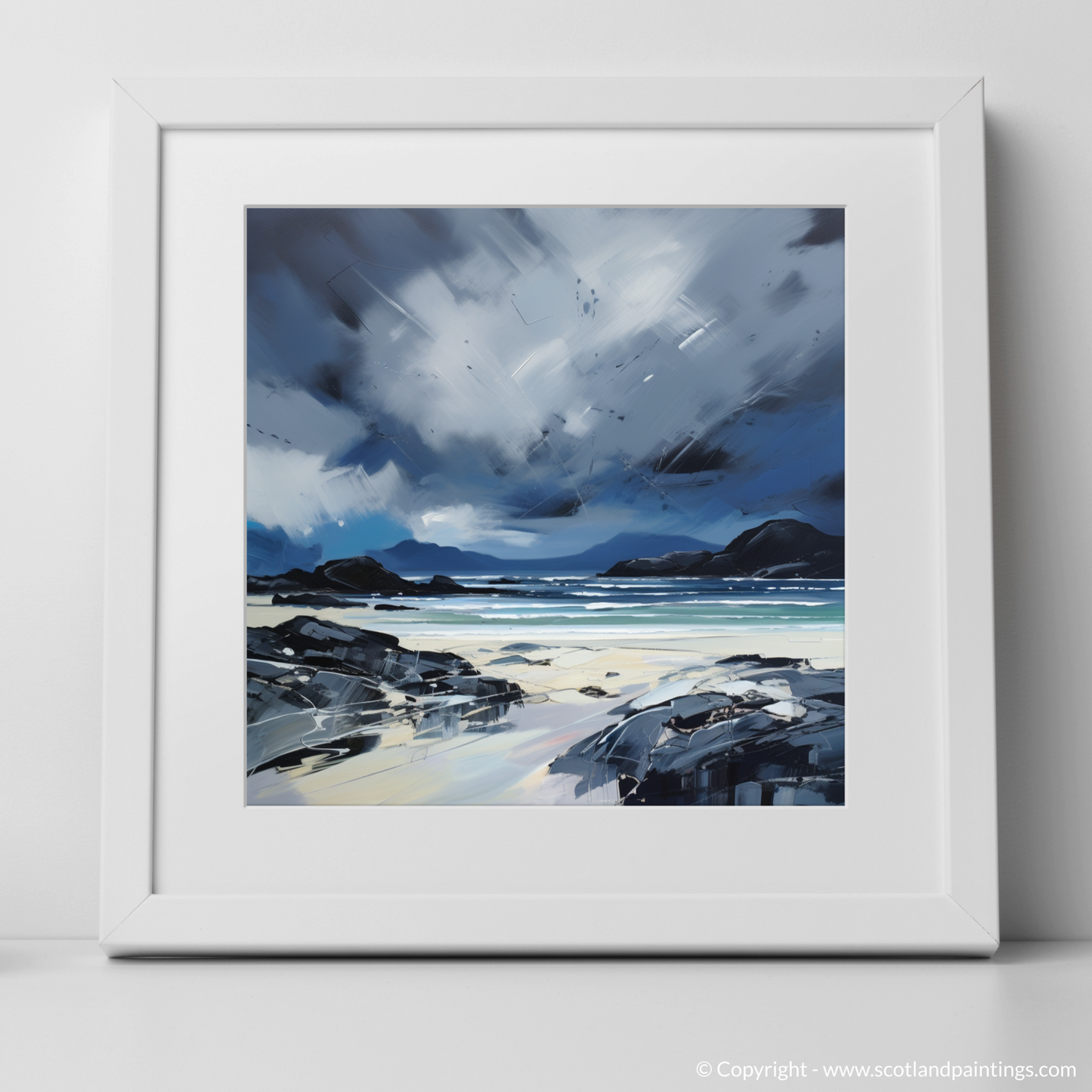 Art Print of Mellon Udrigle Beach with a stormy sky with a white frame