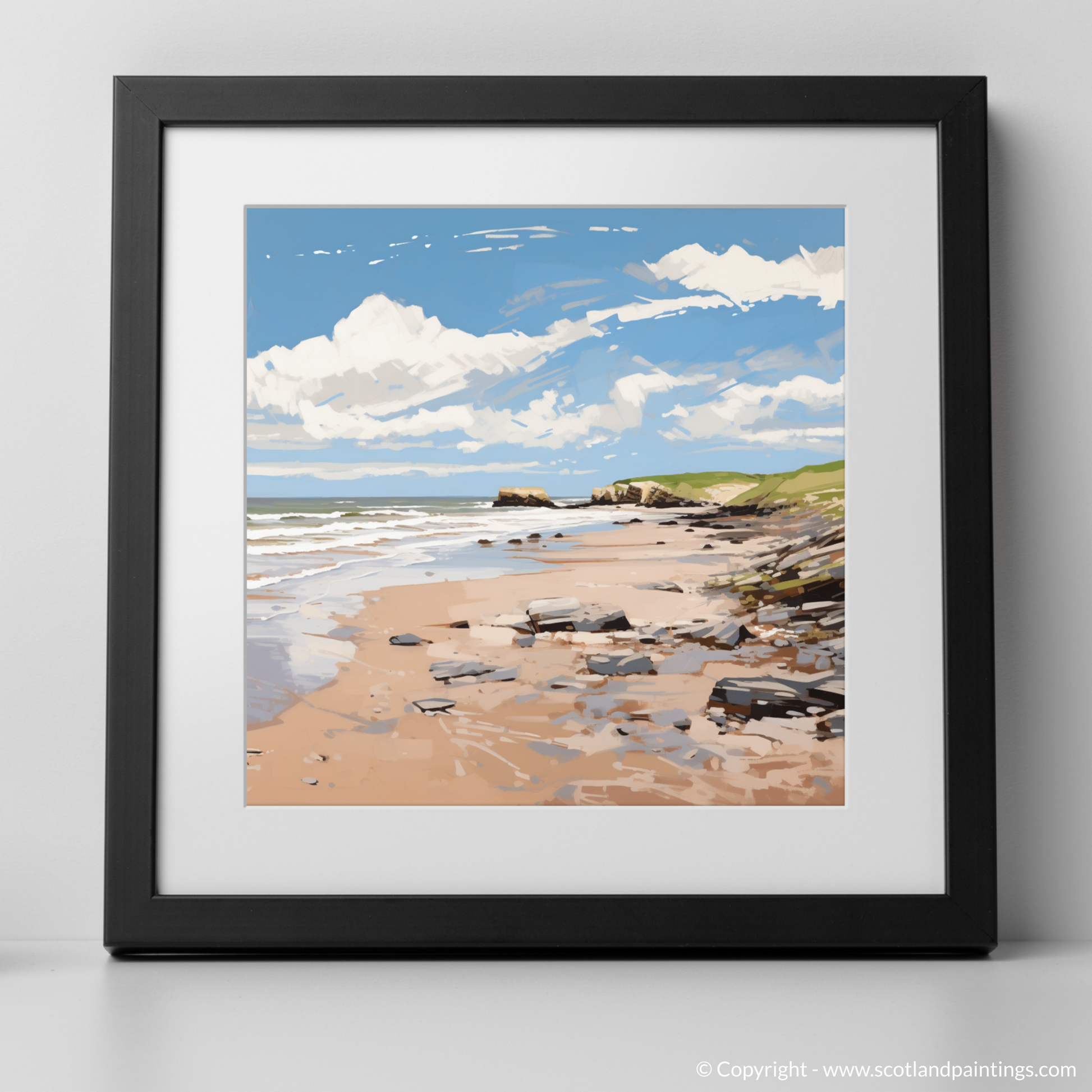 Art Print of St Cyrus Beach, Aberdeenshire in summer with a black frame