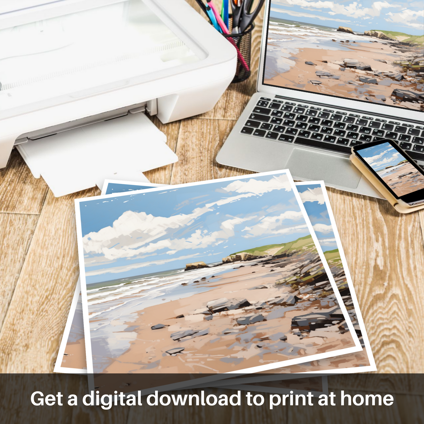 Downloadable and printable picture of St Cyrus Beach, Aberdeenshire in summer