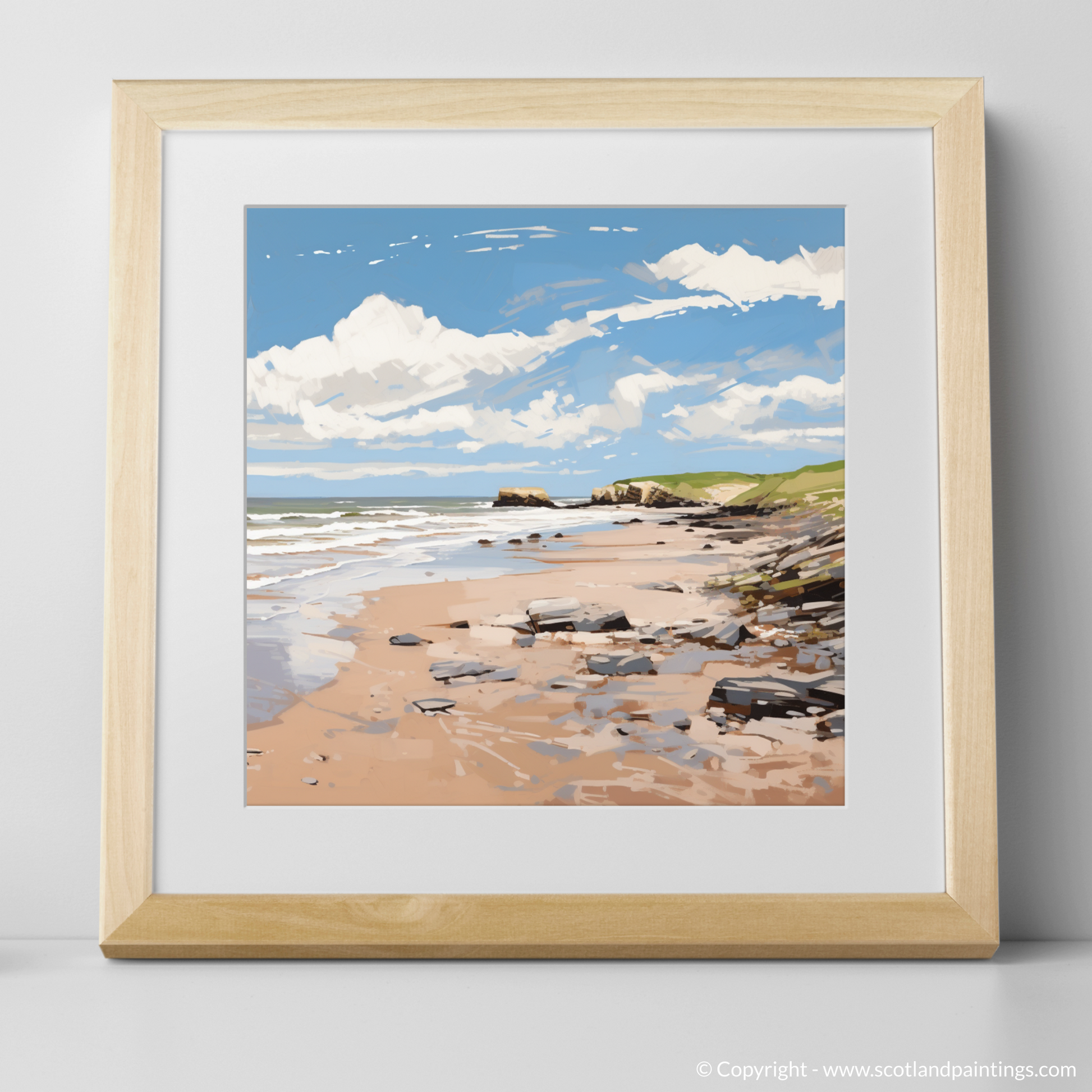 Art Print of St Cyrus Beach, Aberdeenshire in summer with a natural frame