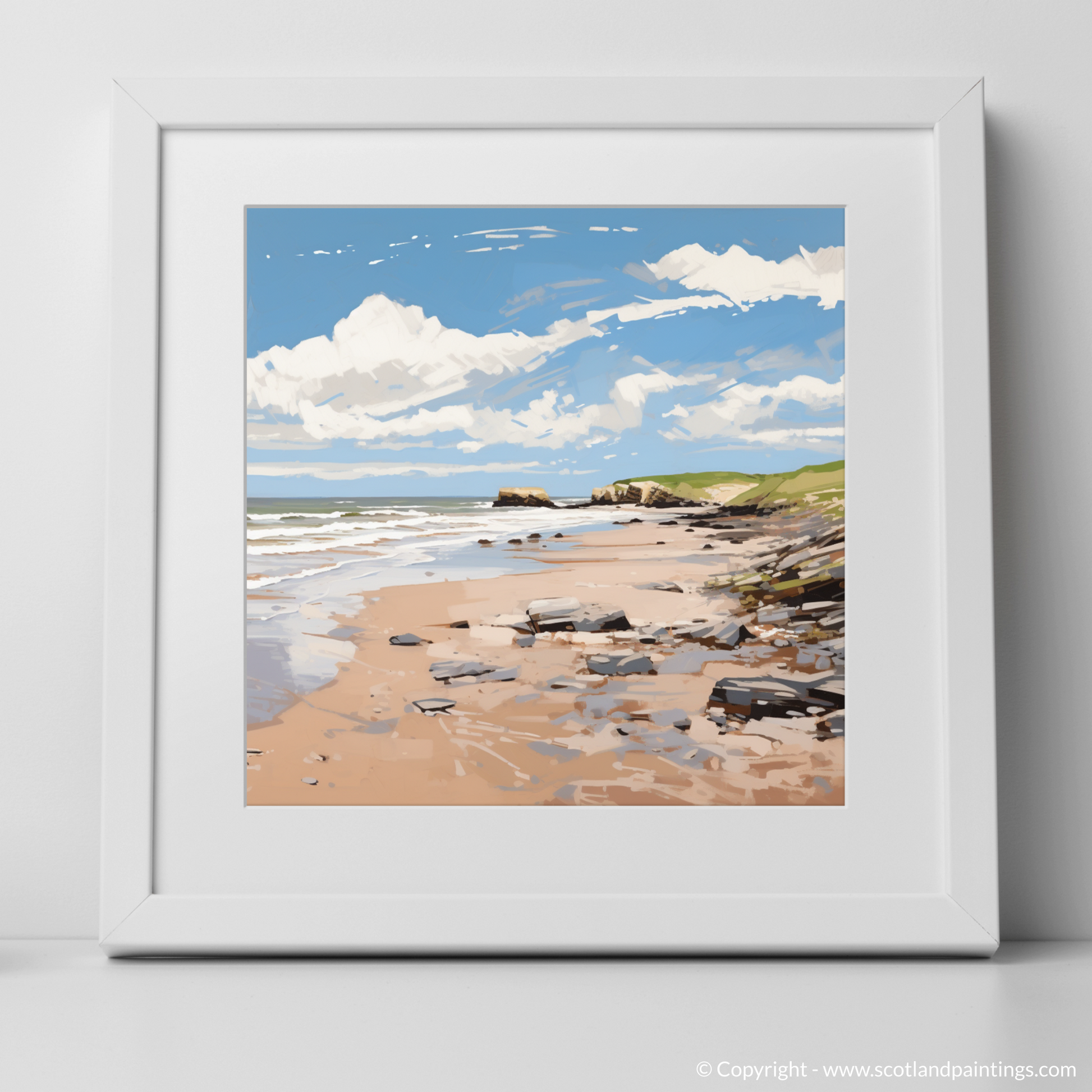 Art Print of St Cyrus Beach, Aberdeenshire in summer with a white frame