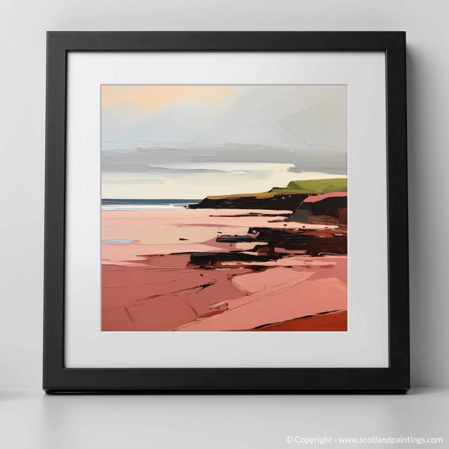 Art Print of St Cyrus Beach, Aberdeenshire in summer with a black frame